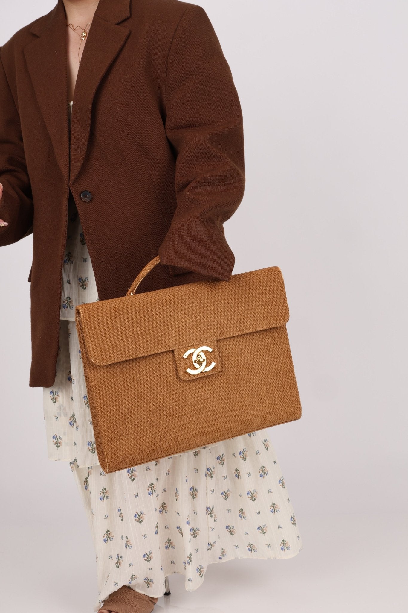 Rare Chanel 1997 Raffia XL Logo Briefcase 24K GP - FashioNica