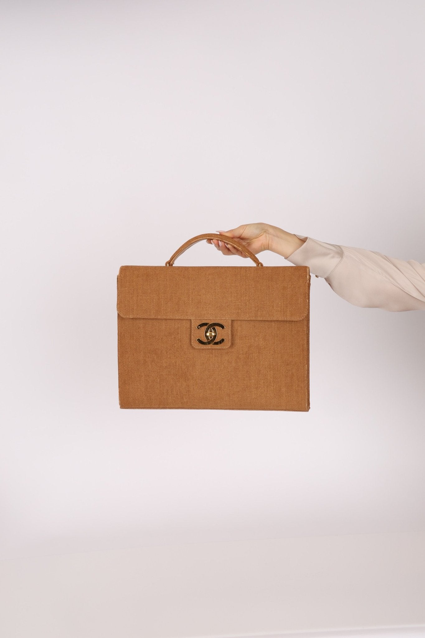 Rare Chanel 1997 Raffia XL Logo Briefcase 24K GP - FashioNica