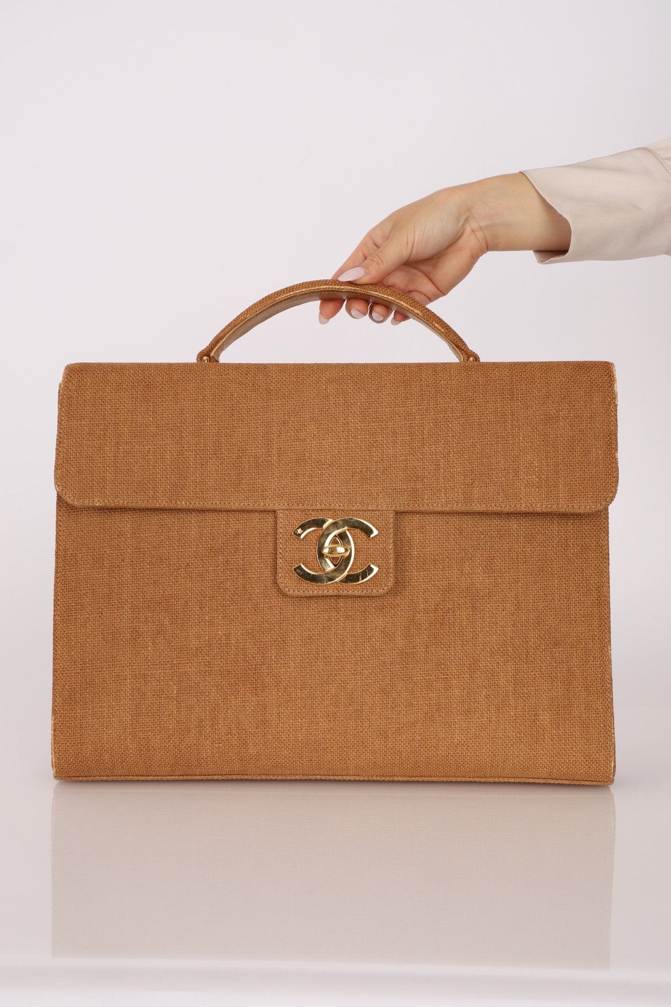 Rare Chanel 1997 Raffia XL Logo Briefcase 24K GP - FashioNica