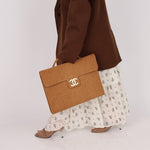 Rare Chanel 1997 Raffia XL Logo Briefcase 24K GP - FashioNica