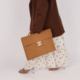 Rare Chanel 1997 Raffia XL Logo Briefcase 24K GP - FashioNica