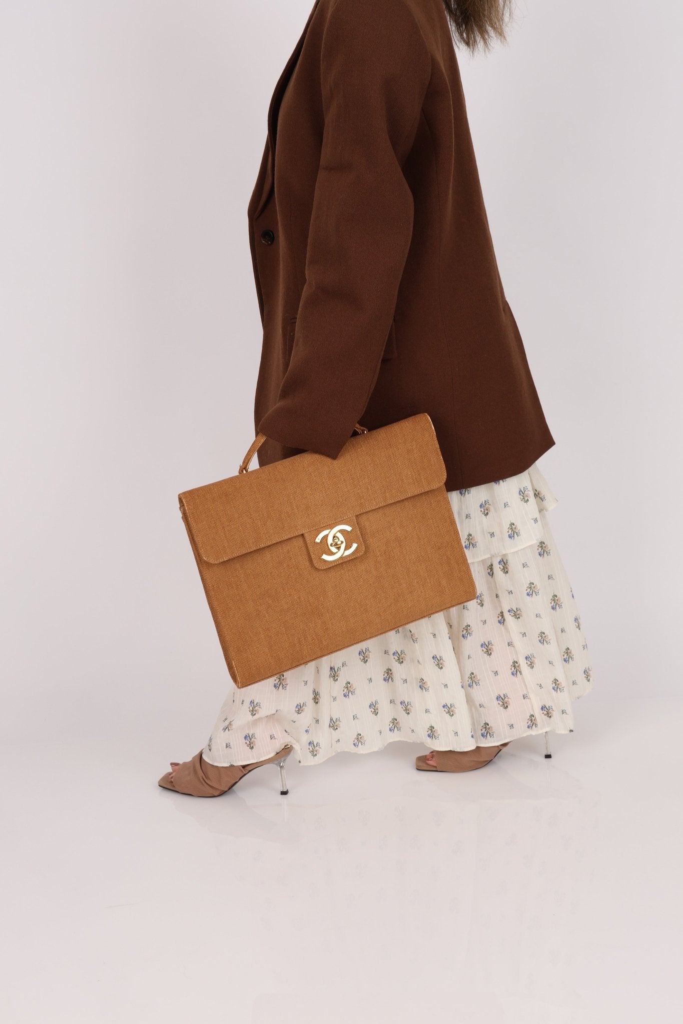 Rare Chanel 1997 Raffia XL Logo Briefcase 24K GP - FashioNica