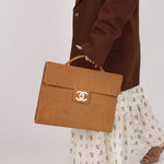 Rare Chanel 1997 Raffia XL Logo Briefcase 24K GP - FashioNica