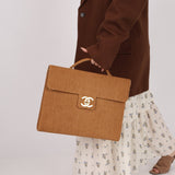 Rare Chanel 1997 Raffia XL Logo Briefcase 24K GP - FashioNica