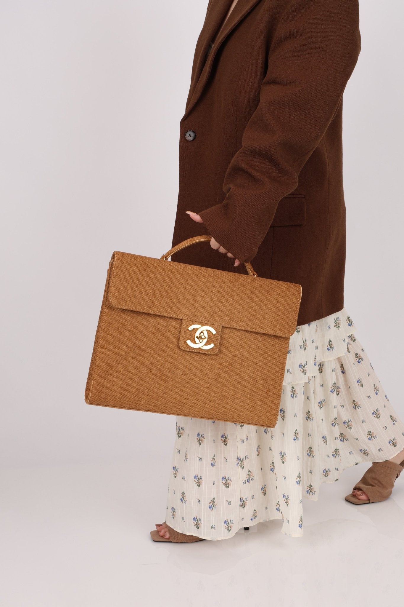 Rare Chanel 1997 Raffia XL Logo Briefcase 24K GP - FashioNica