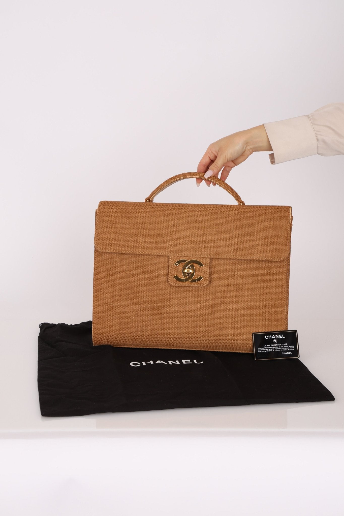 Rare Chanel 1997 Raffia XL Logo Briefcase 24K GP - FashioNica