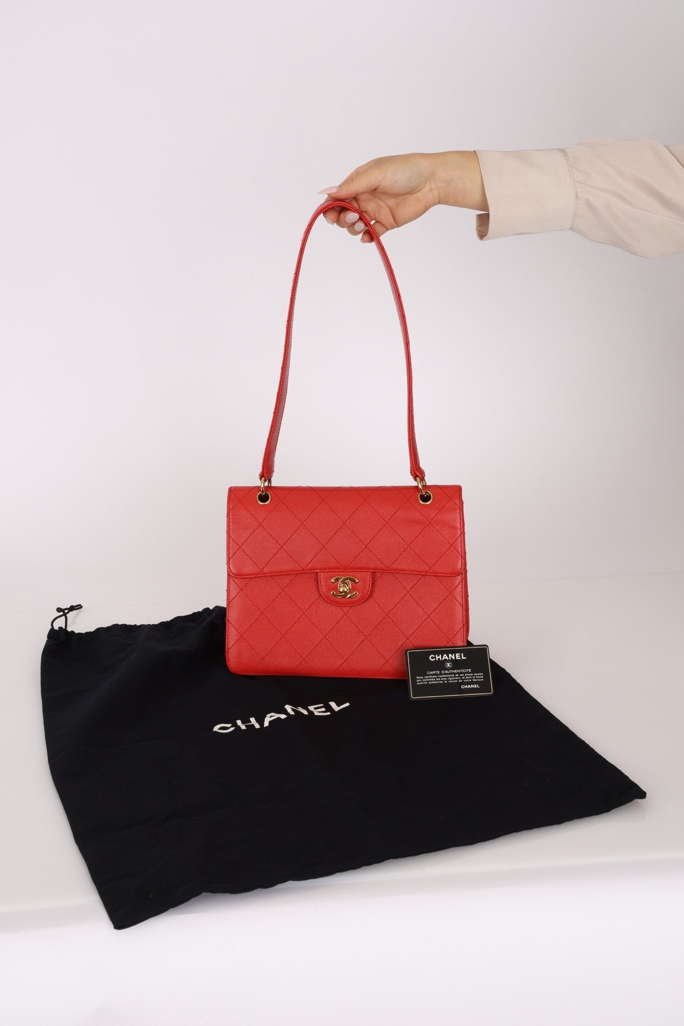 Rare Chanel 1997 Red Caviar Shoulder Kelly Bag 24K GP - FashioNica