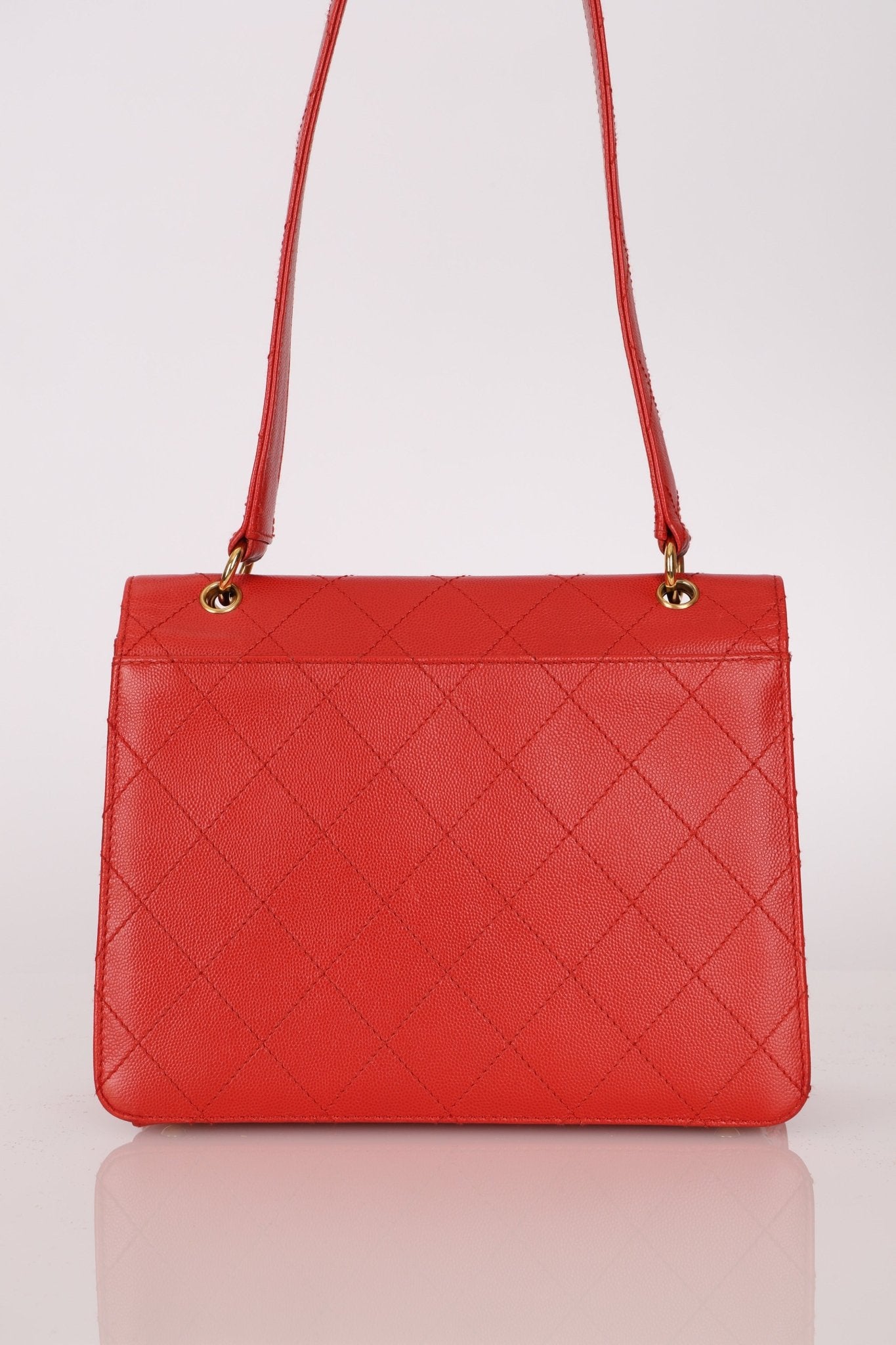 Rare Chanel 1997 Red Caviar Shoulder Kelly Bag 24K GP - FashioNica