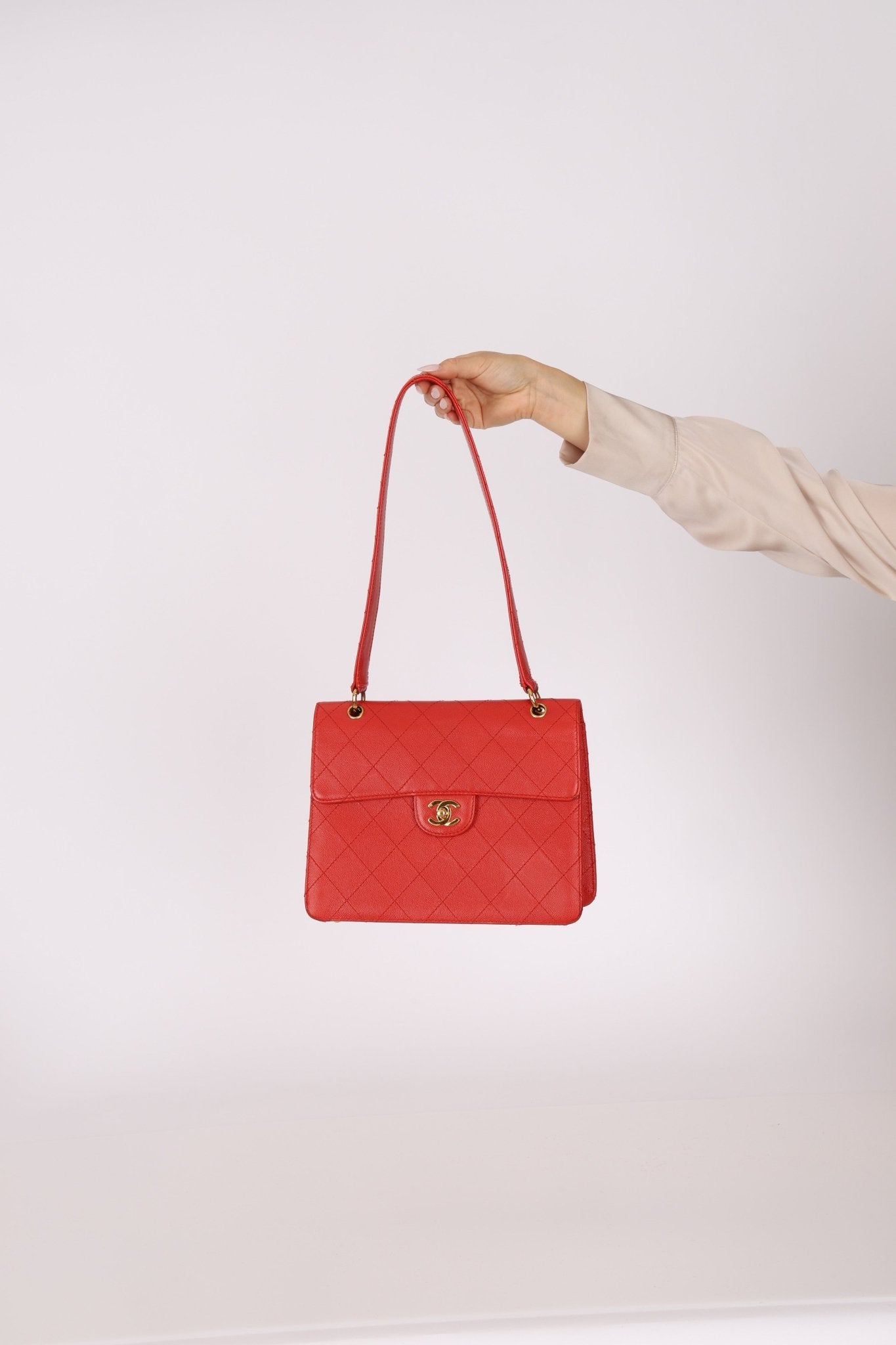 Rare Chanel 1997 Red Caviar Shoulder Kelly Bag 24K GP - FashioNica