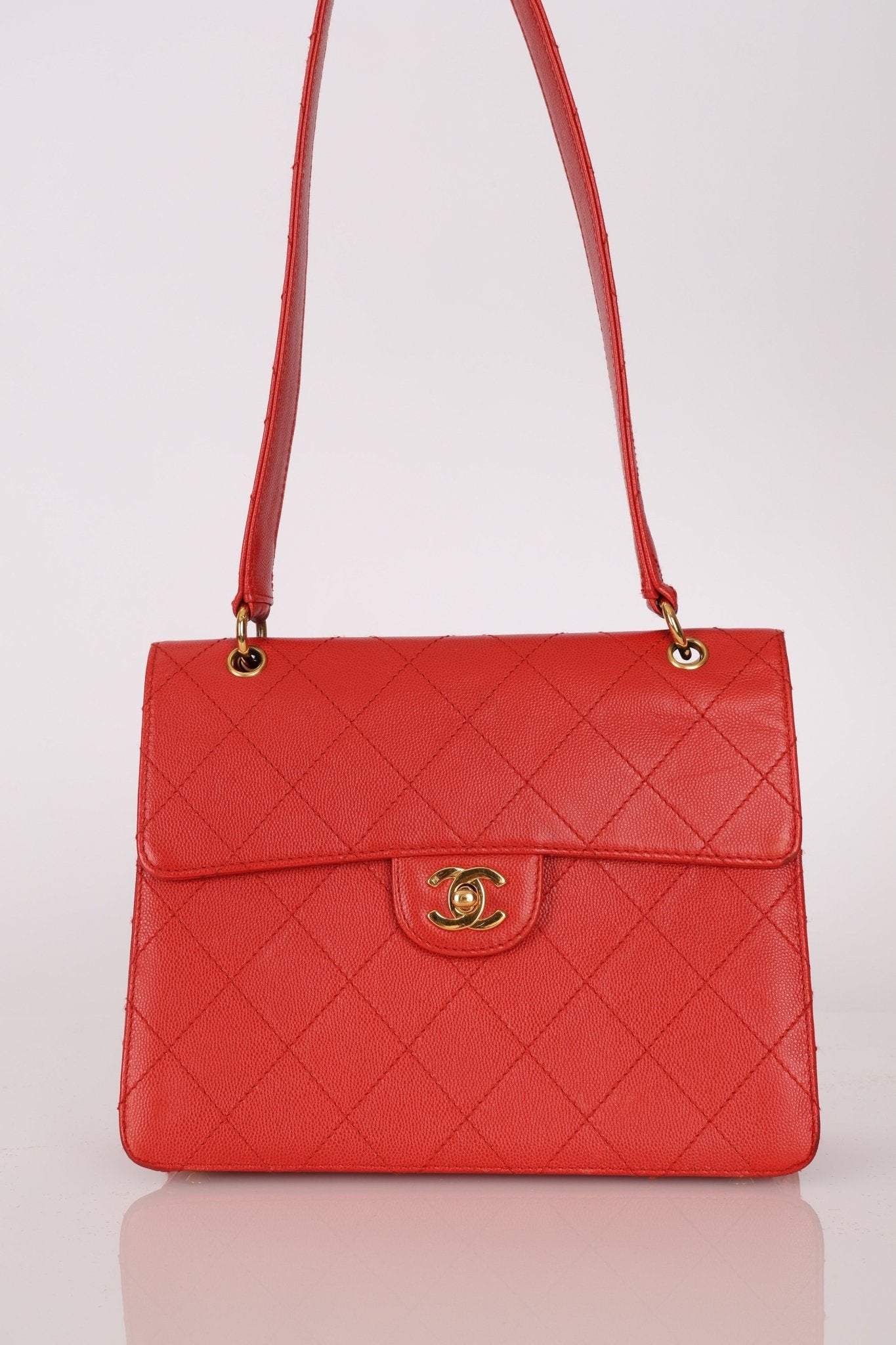 Rare Chanel 1997 Red Caviar Shoulder Kelly Bag 24K GP - FashioNica