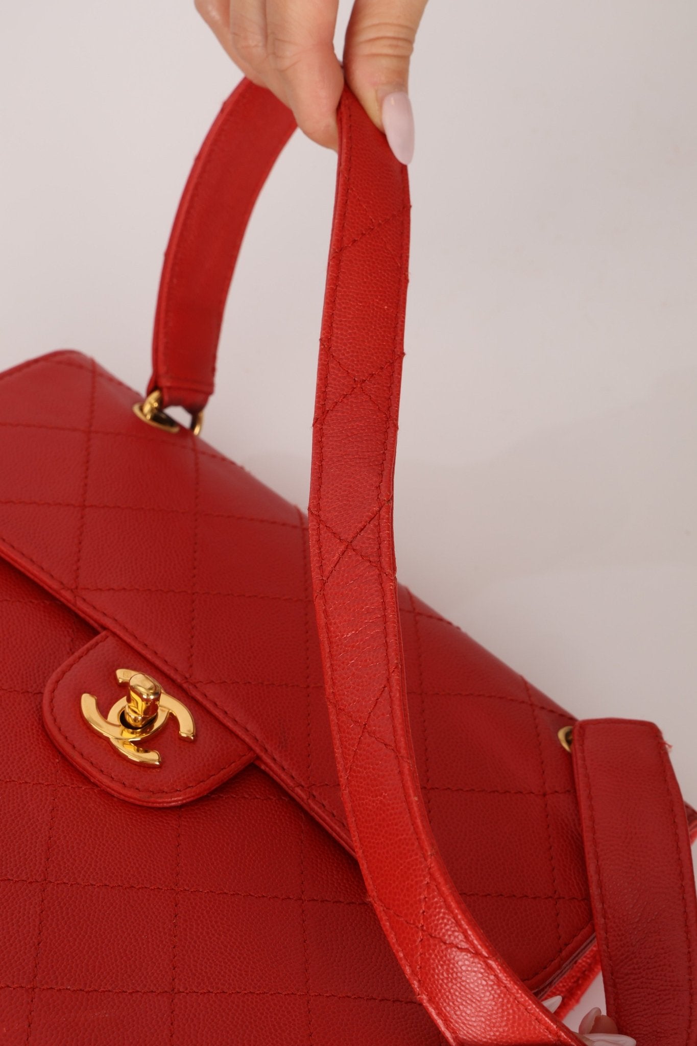 Rare Chanel 1997 Red Caviar Shoulder Kelly Bag 24K GP - FashioNica