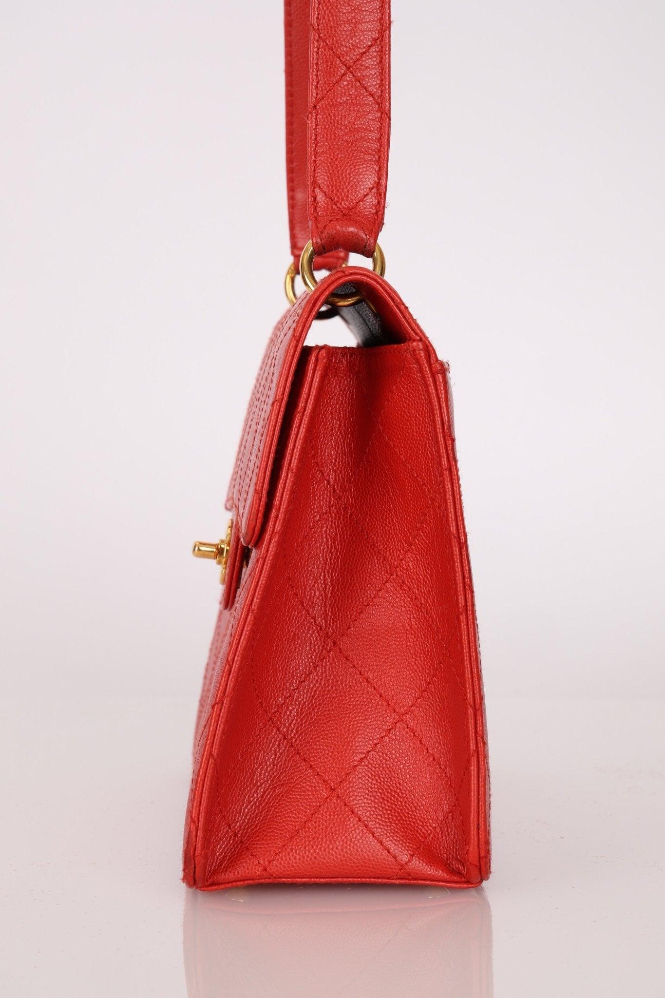 Rare Chanel 1997 Red Caviar Shoulder Kelly Bag 24K GP - FashioNica