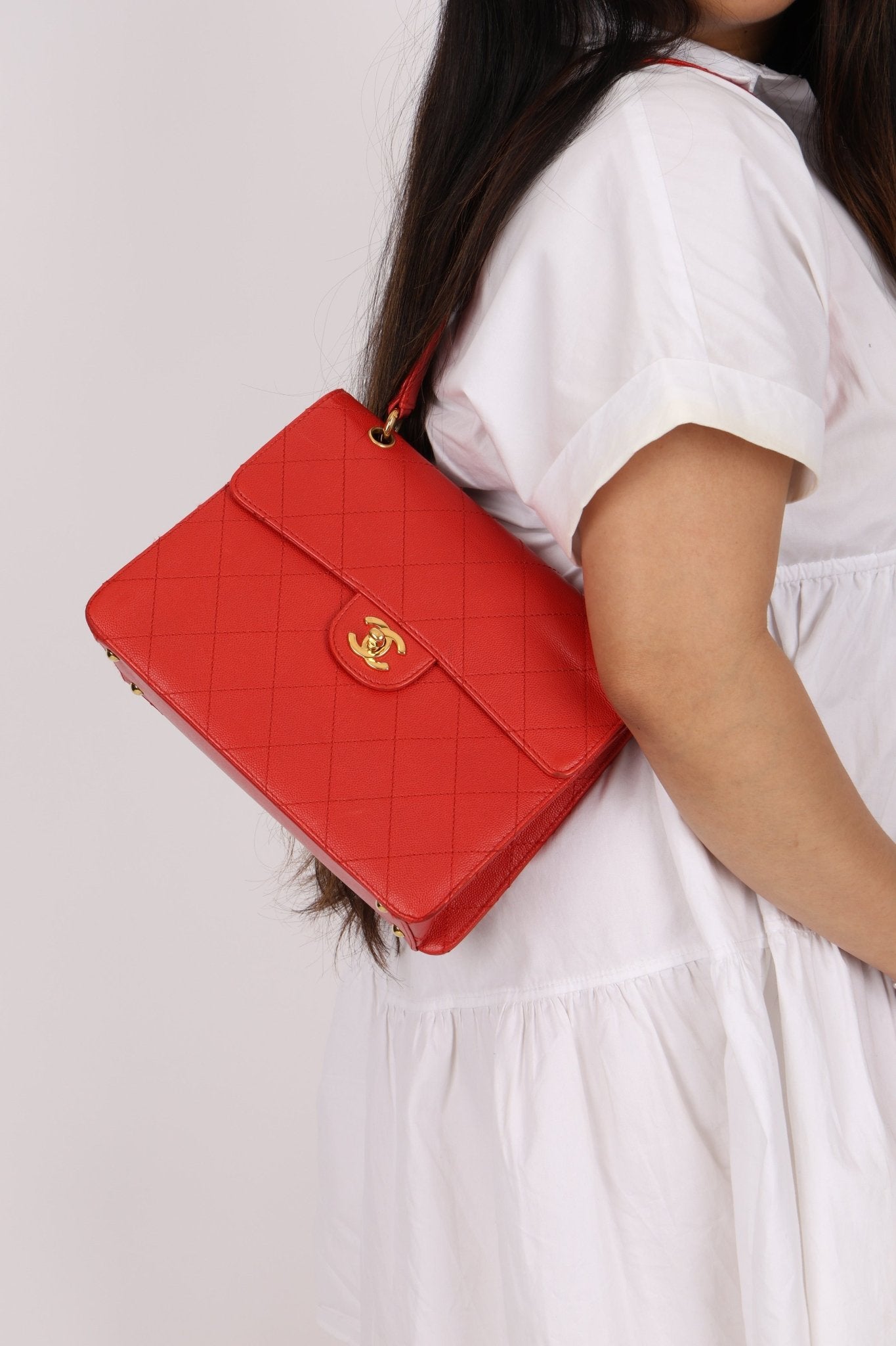 Rare Chanel 1997 Red Caviar Shoulder Kelly Bag 24K GP - FashioNica