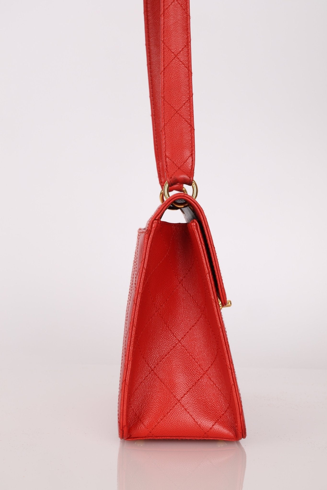 Rare Chanel 1997 Red Caviar Shoulder Kelly Bag 24K GP - FashioNica