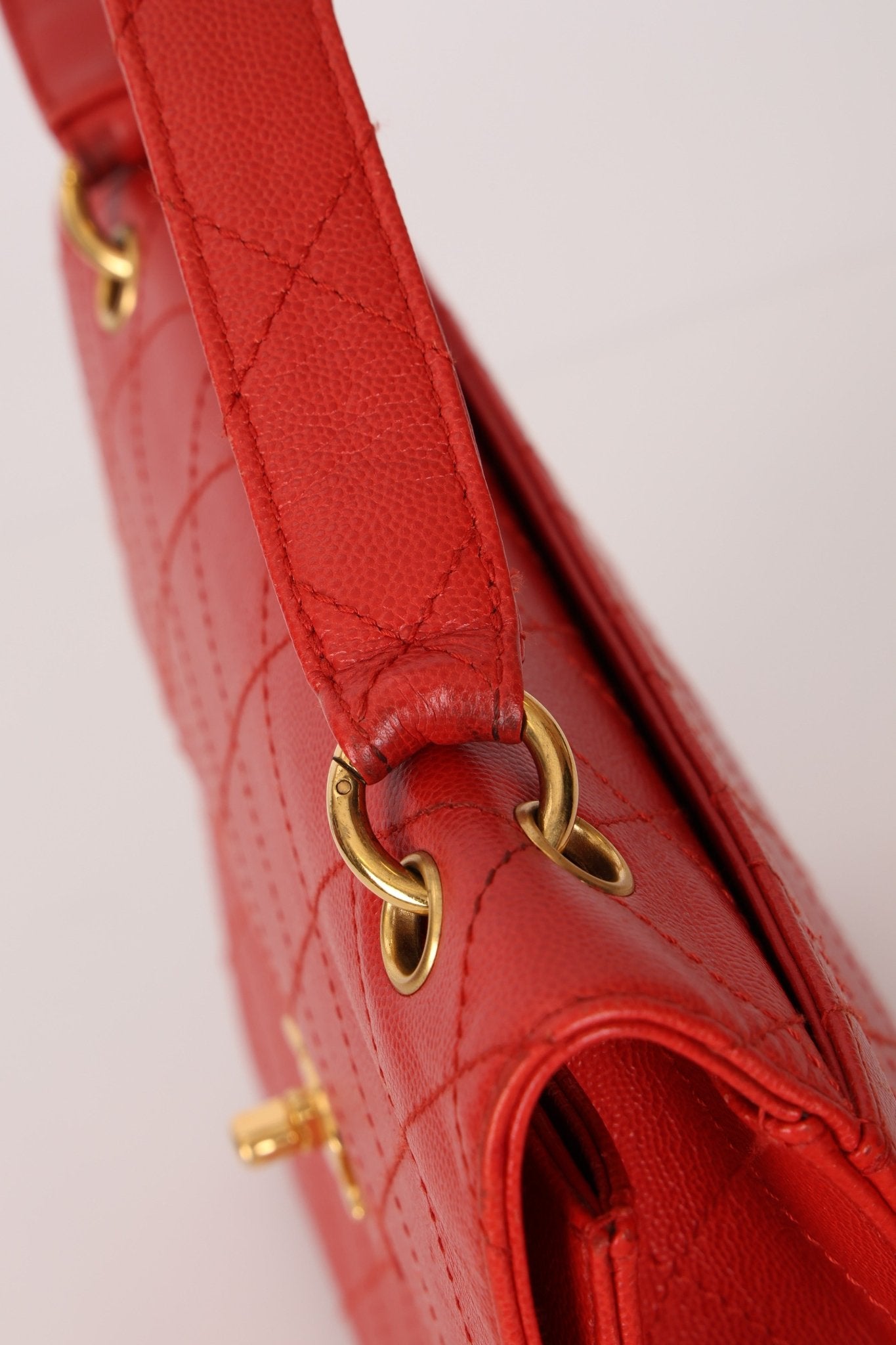 Rare Chanel 1997 Red Caviar Shoulder Kelly Bag 24K GP - FashioNica