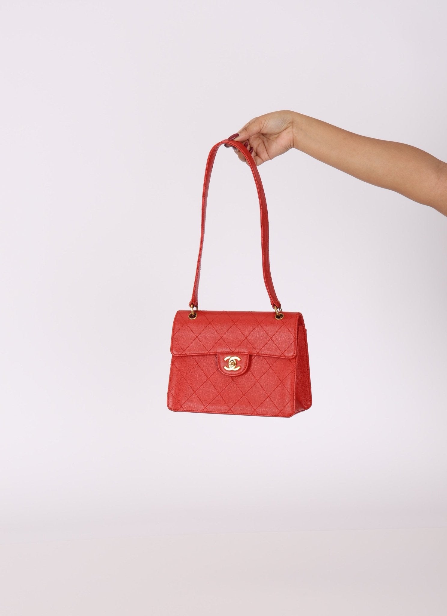 Rare Chanel 1997 Red Caviar Single Small Flap Shoulder Bag - FashioNica