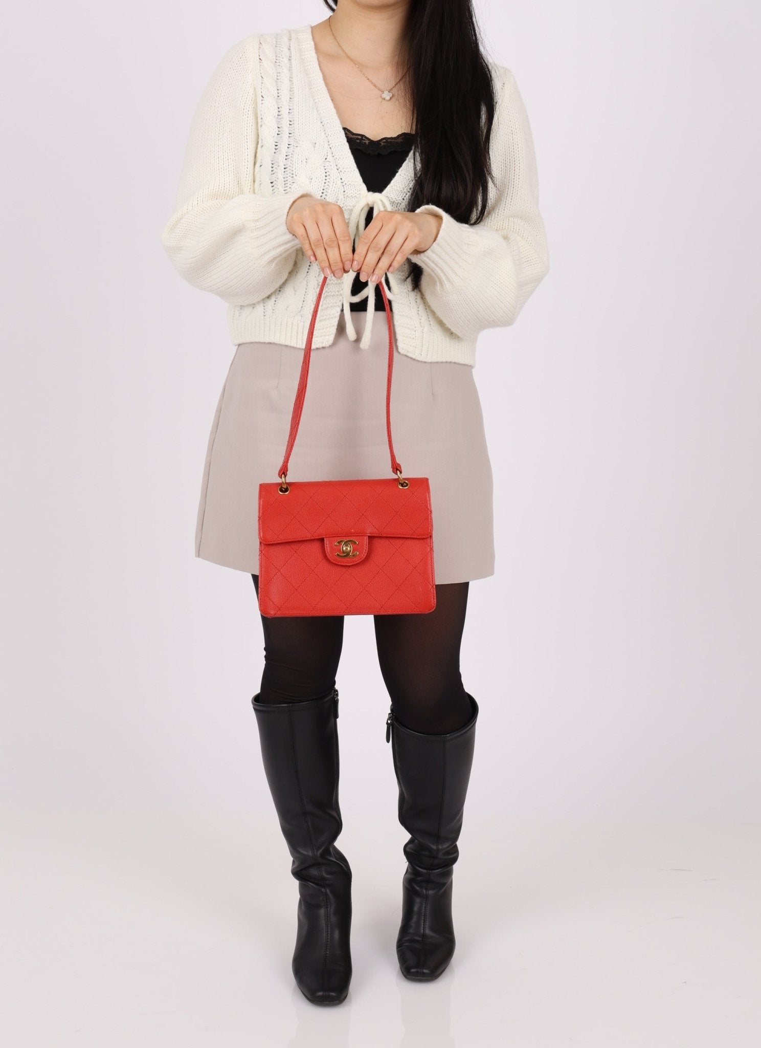 Rare Chanel 1997 Red Caviar Single Small Flap Shoulder Bag - FashioNica