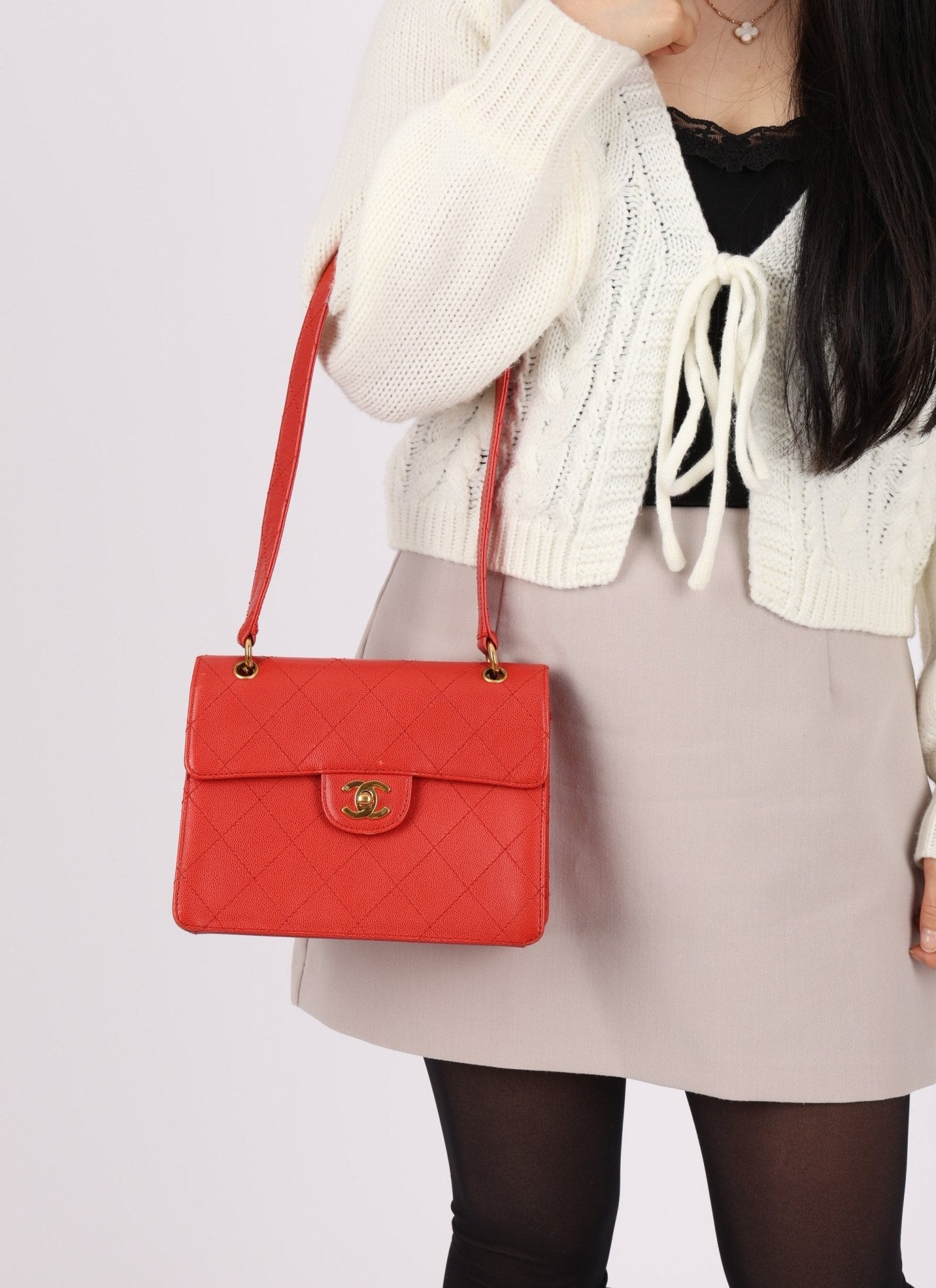 Rare Chanel 1997 Red Caviar Single Small Flap Shoulder Bag - FashioNica