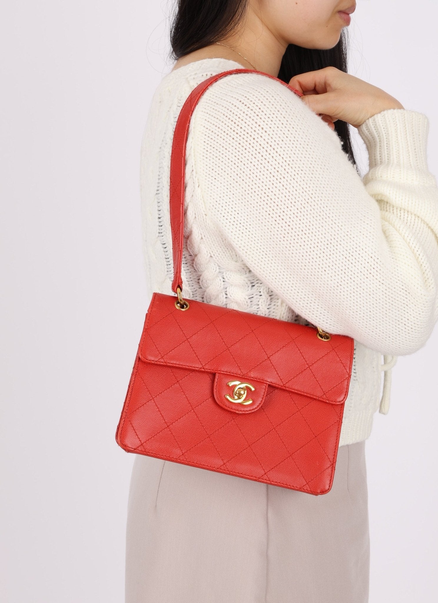 Rare Chanel 1997 Red Caviar Single Small Flap Shoulder Bag - FashioNica