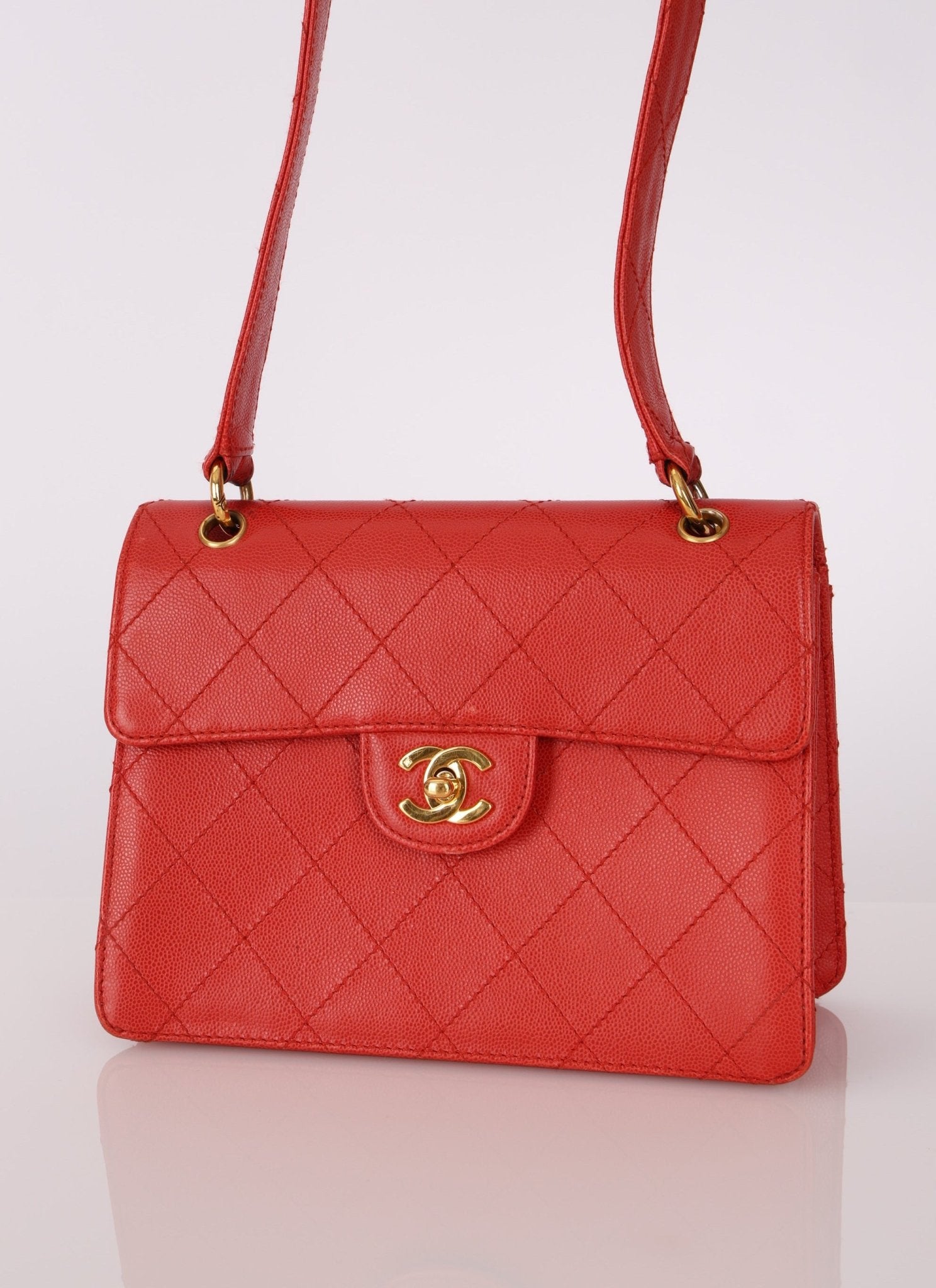 Rare Chanel 1997 Red Caviar Single Small Flap Shoulder Bag - FashioNica