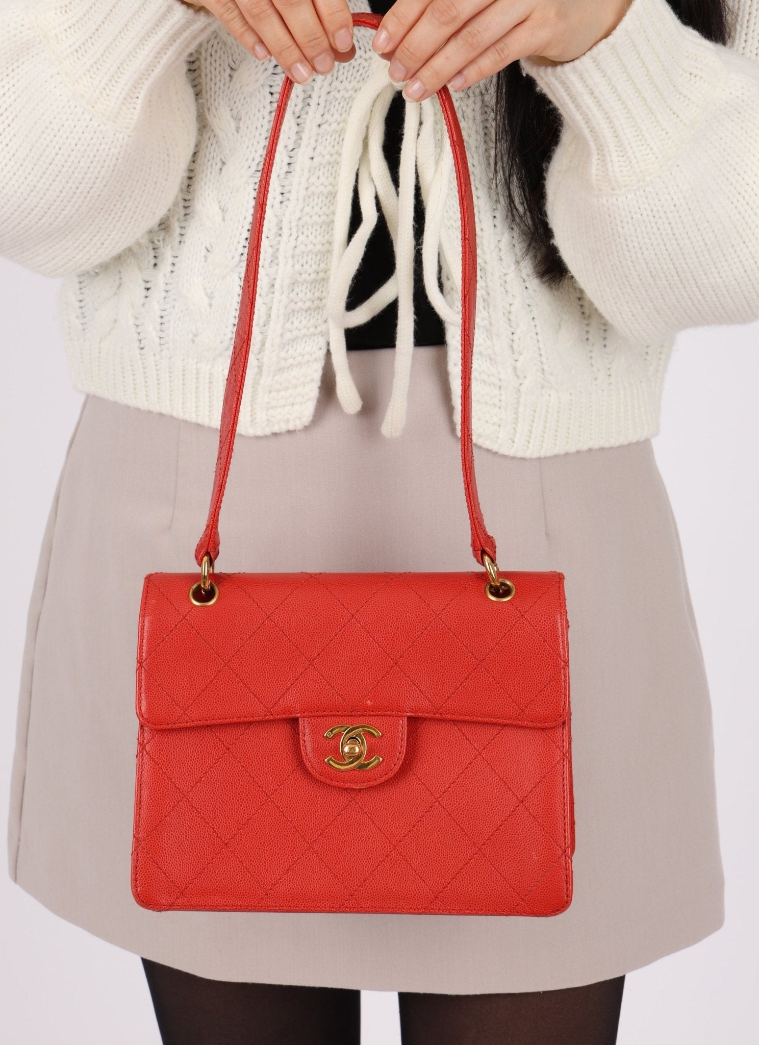 Rare Chanel 1997 Red Caviar Single Small Flap Shoulder Bag - FashioNica