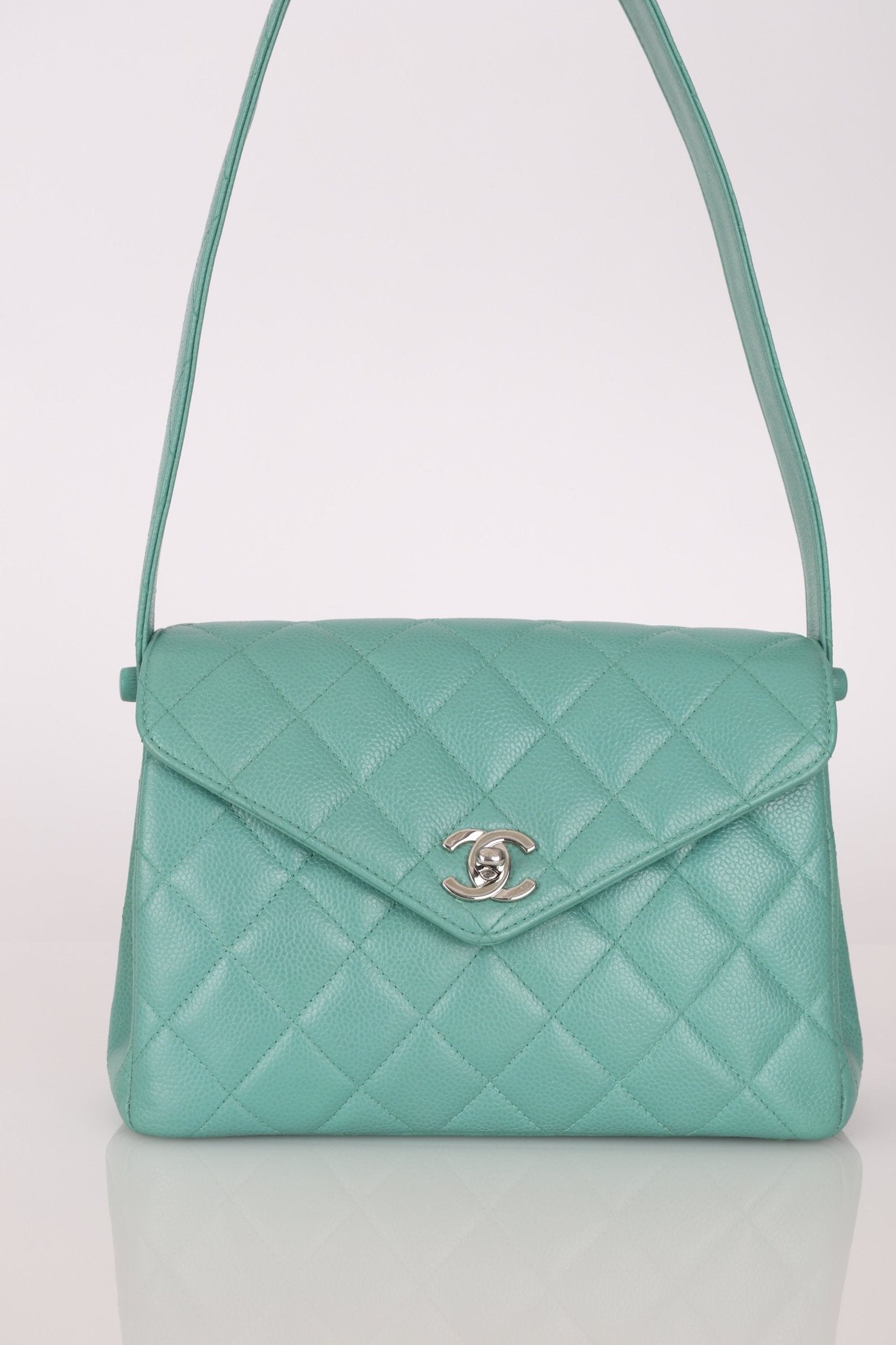 Rare Chanel 1997 Teal Caviar CC Turnlock Envelope Shoulder Kelly - FashioNica