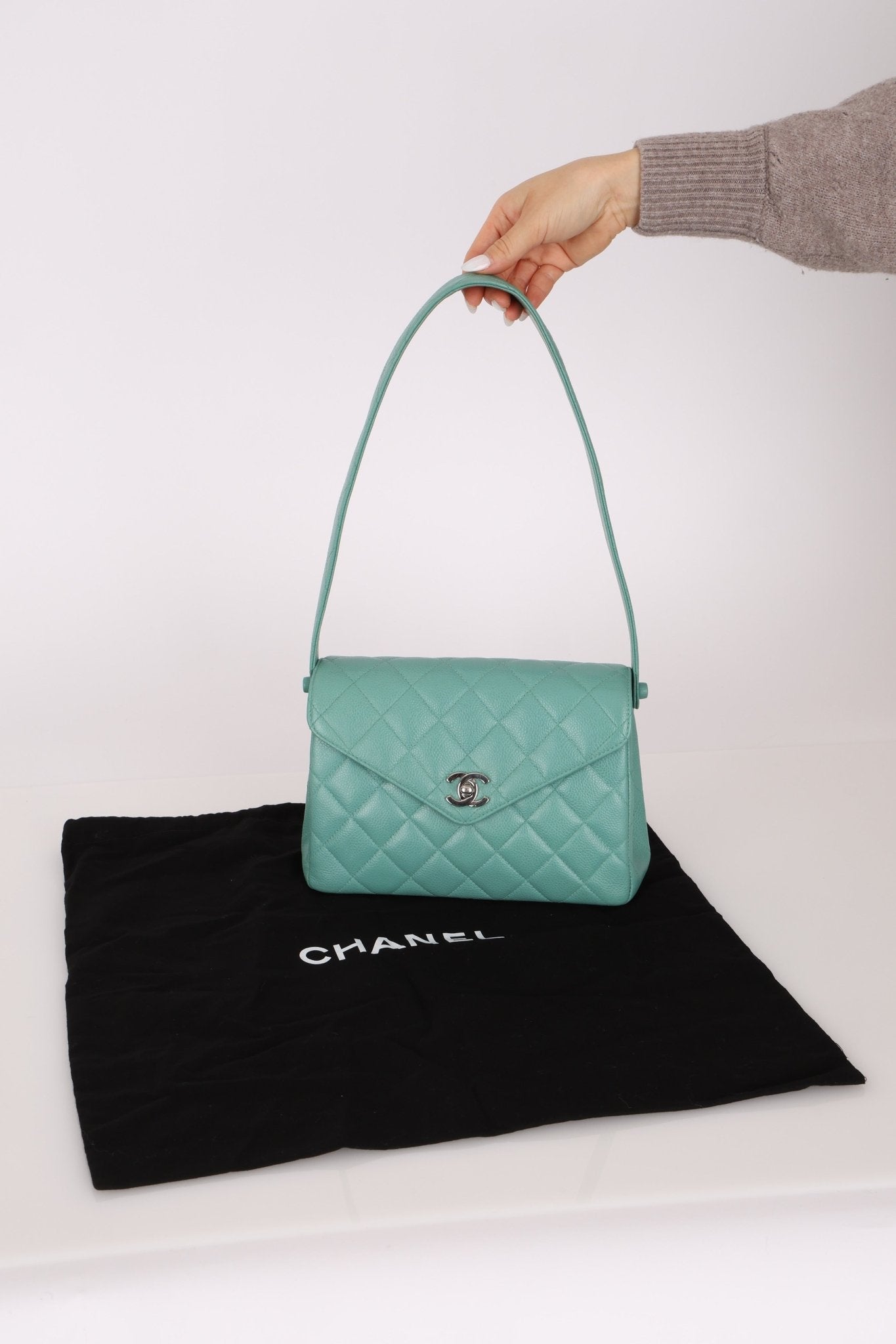 Rare Chanel 1997 Teal Caviar CC Turnlock Envelope Shoulder Kelly - FashioNica