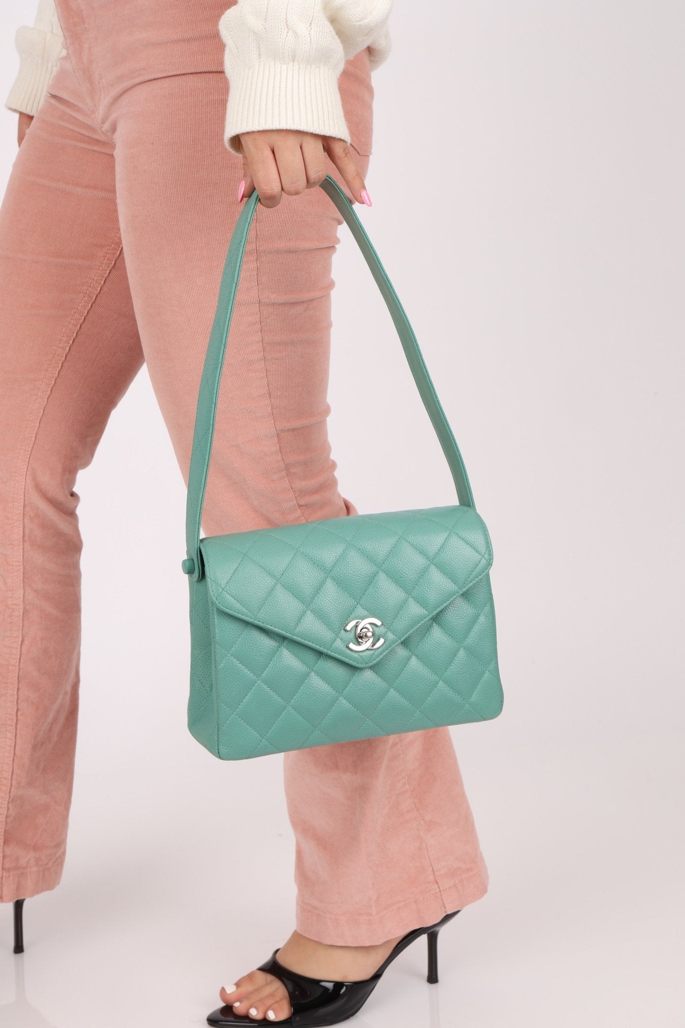 Rare Chanel 1997 Teal Caviar CC Turnlock Envelope Shoulder Kelly - FashioNica