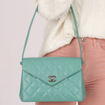 Rare Chanel 1997 Teal Caviar CC Turnlock Envelope Shoulder Kelly - FashioNica