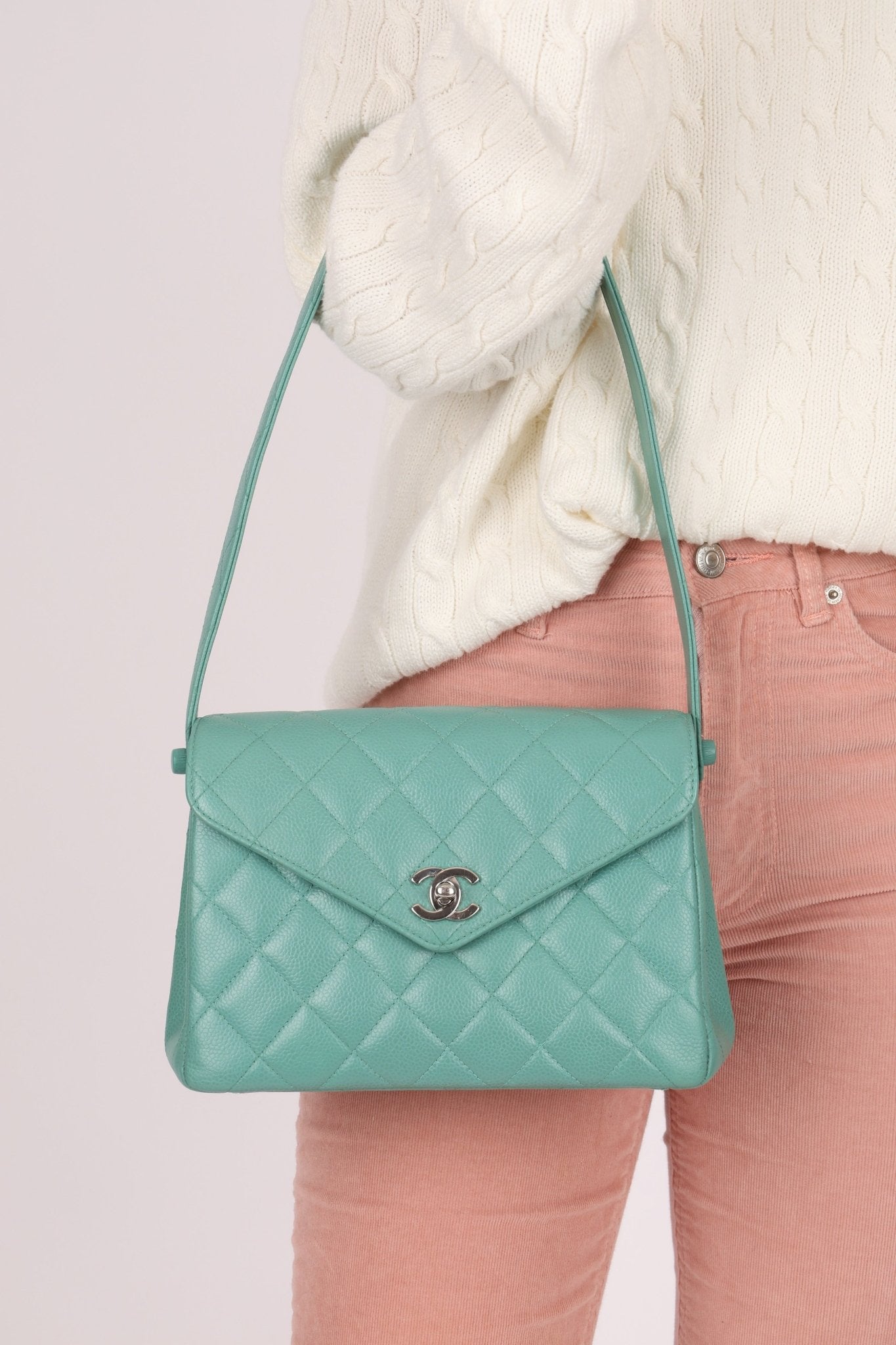 Rare Chanel 1997 Teal Caviar CC Turnlock Envelope Shoulder Kelly - FashioNica