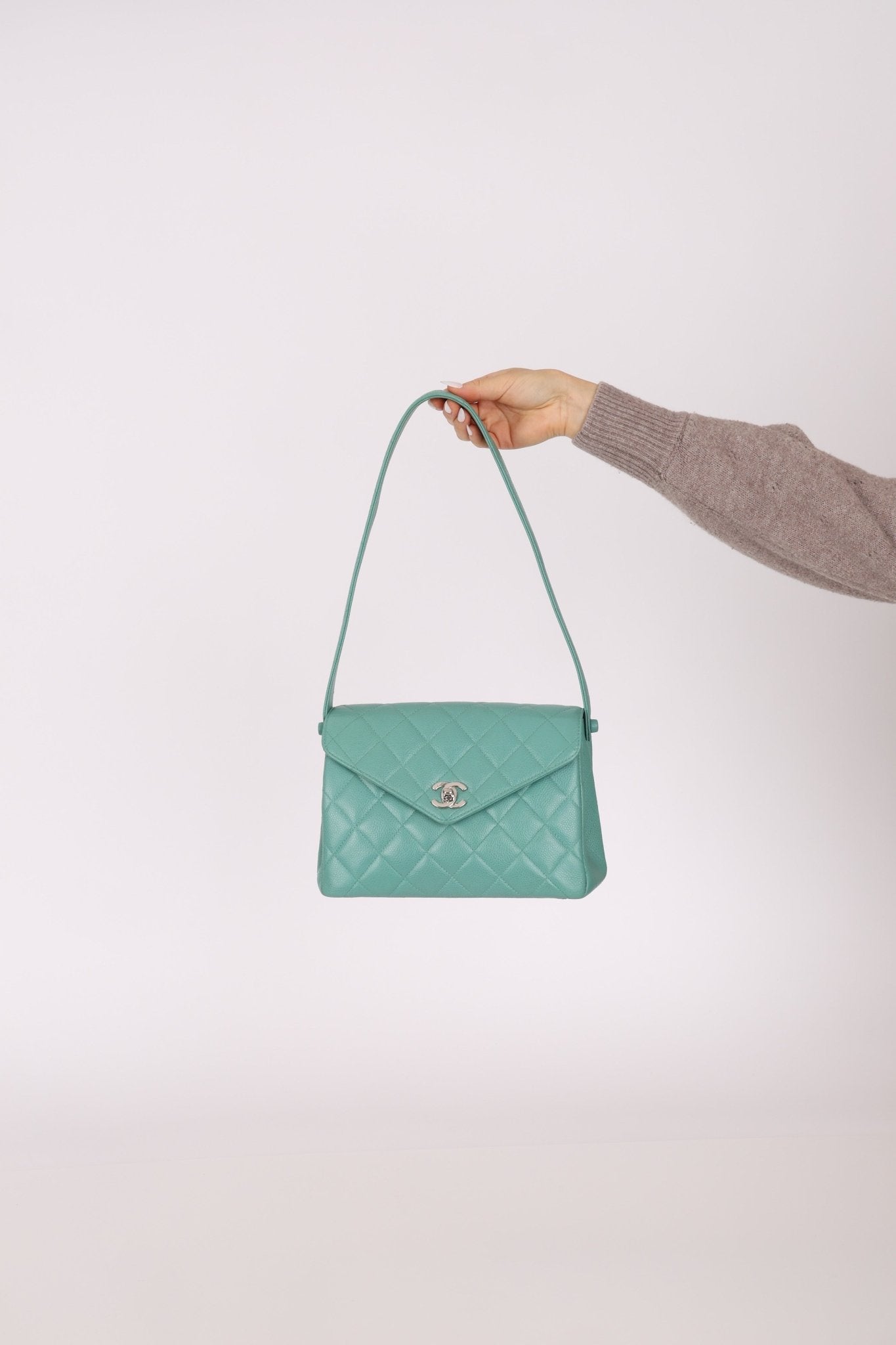 Rare Chanel 1997 Teal Caviar CC Turnlock Envelope Shoulder Kelly - FashioNica