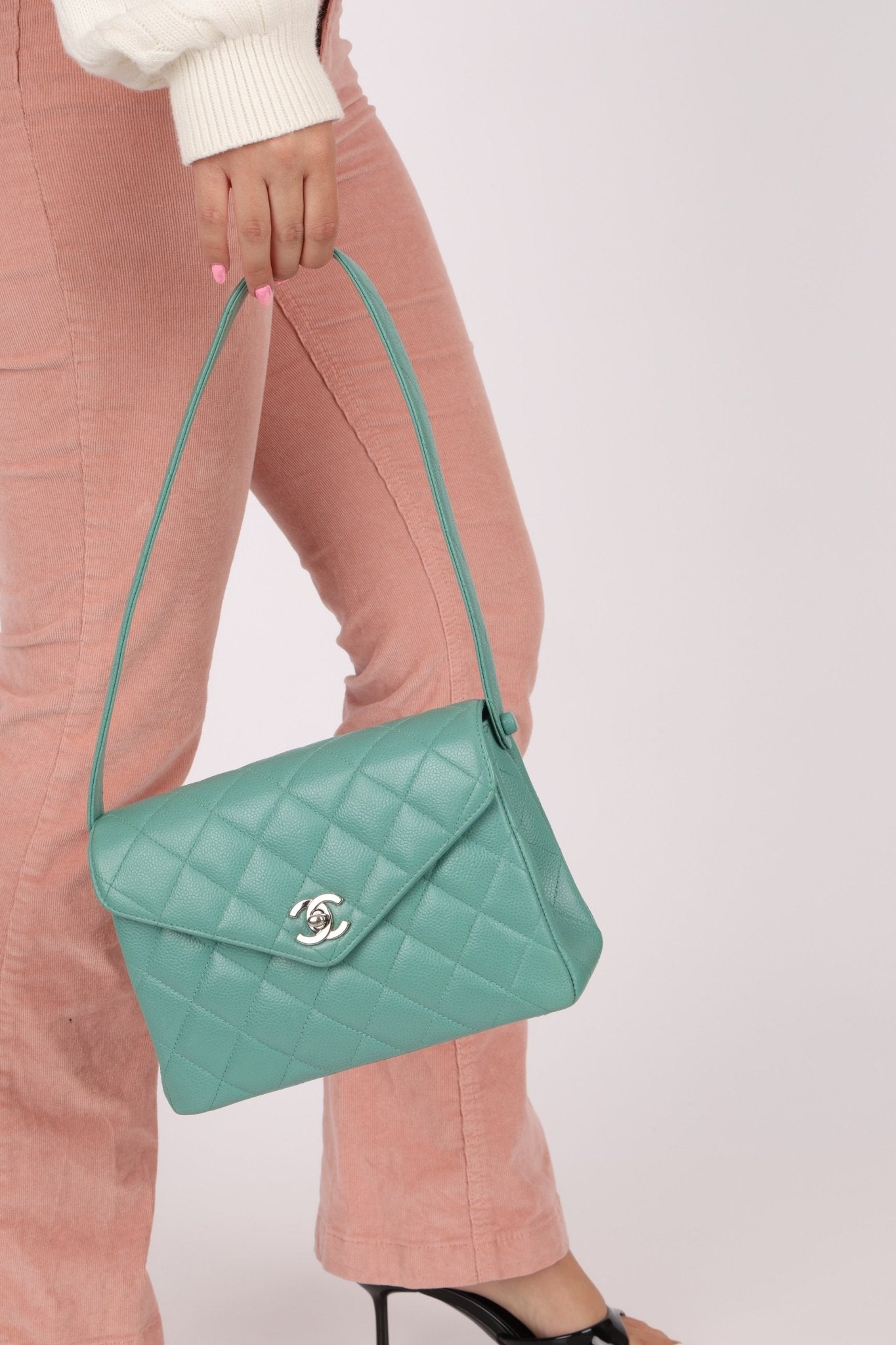 Rare Chanel 1997 Teal Caviar CC Turnlock Envelope Shoulder Kelly - FashioNica