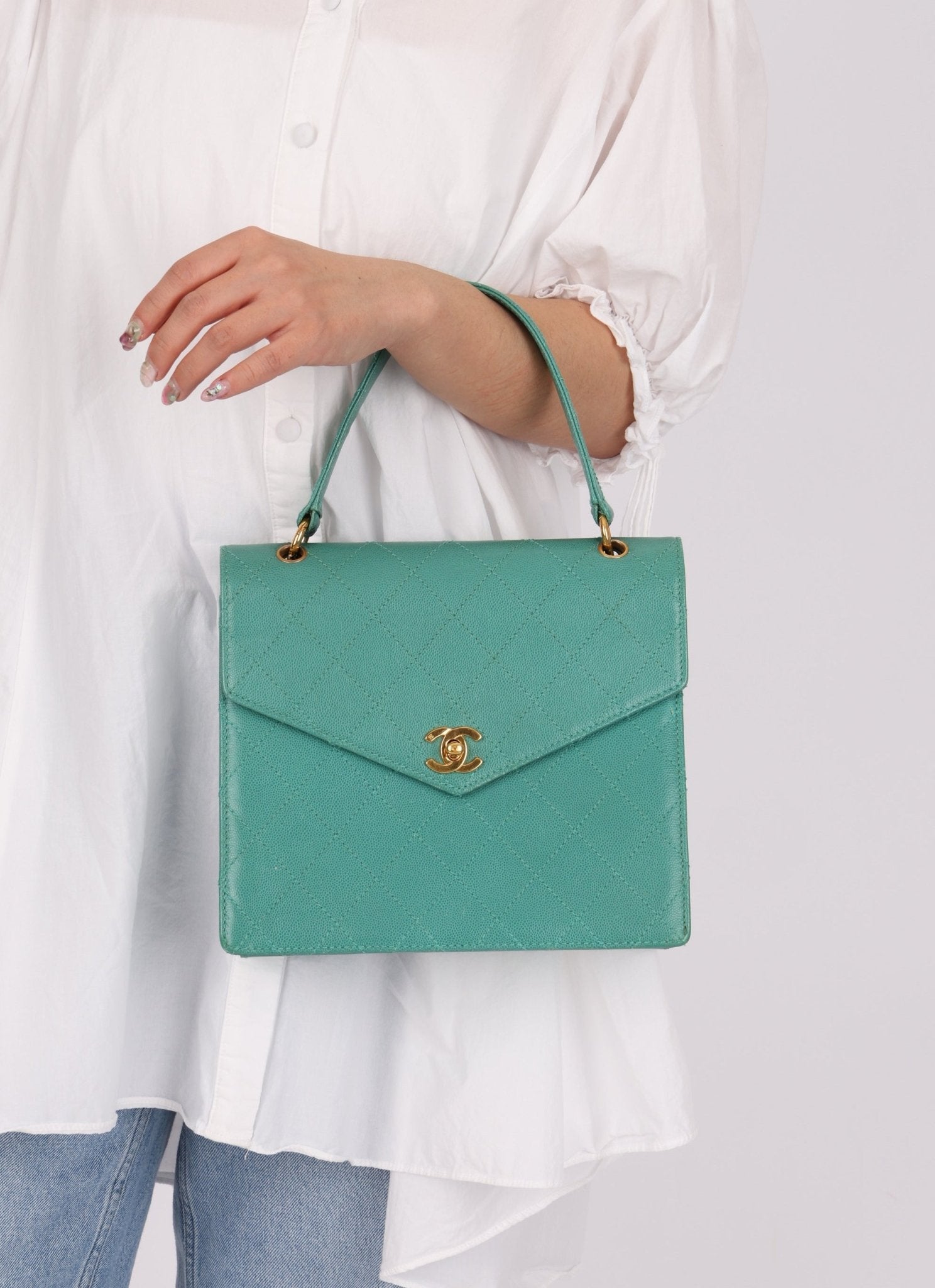 Rare Chanel 1997 Turquoise Caviar Kelly Bag 24K GP - FashioNica