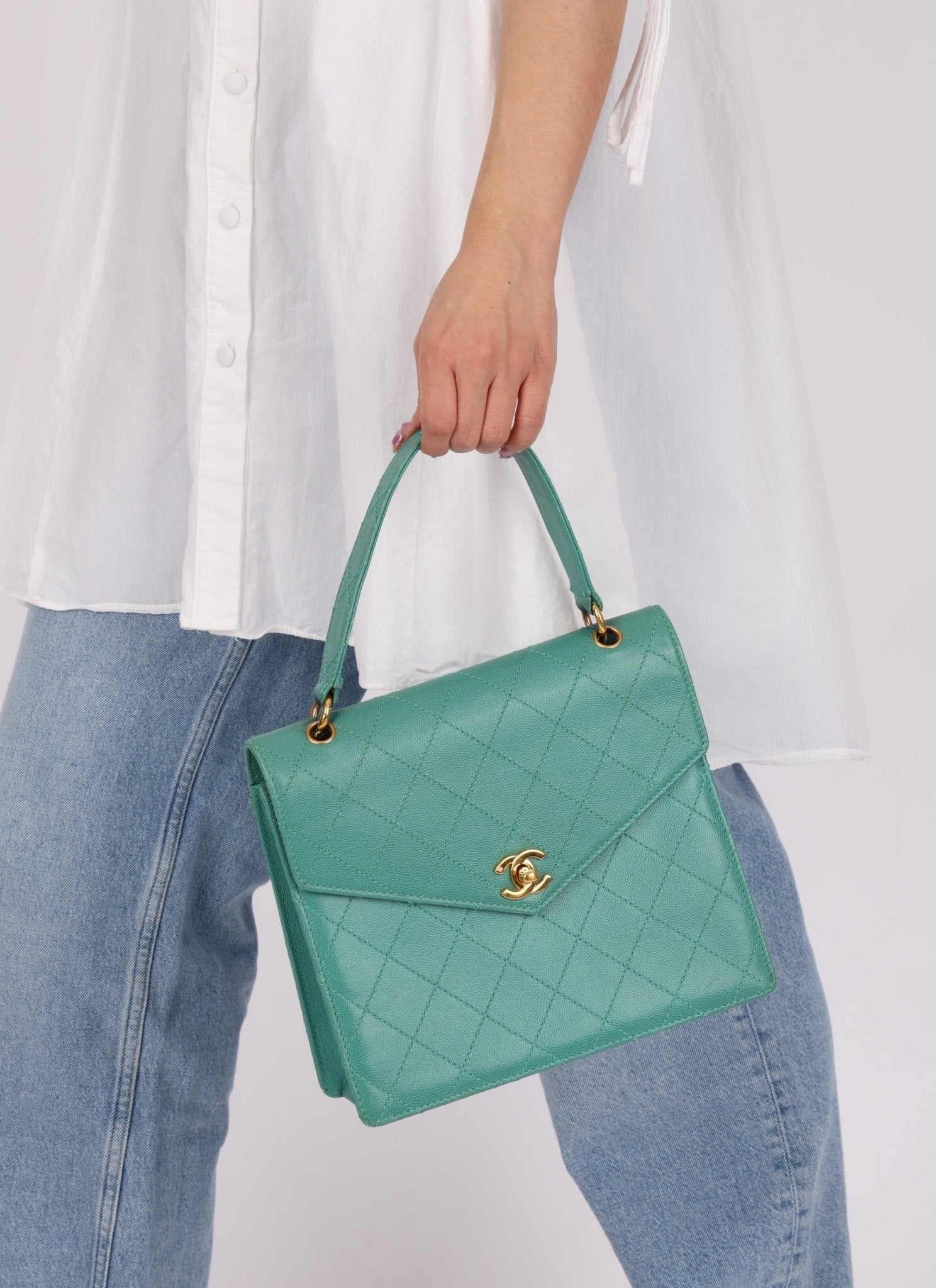 Rare Chanel 1997 Turquoise Caviar Kelly Bag 24K GP - FashioNica