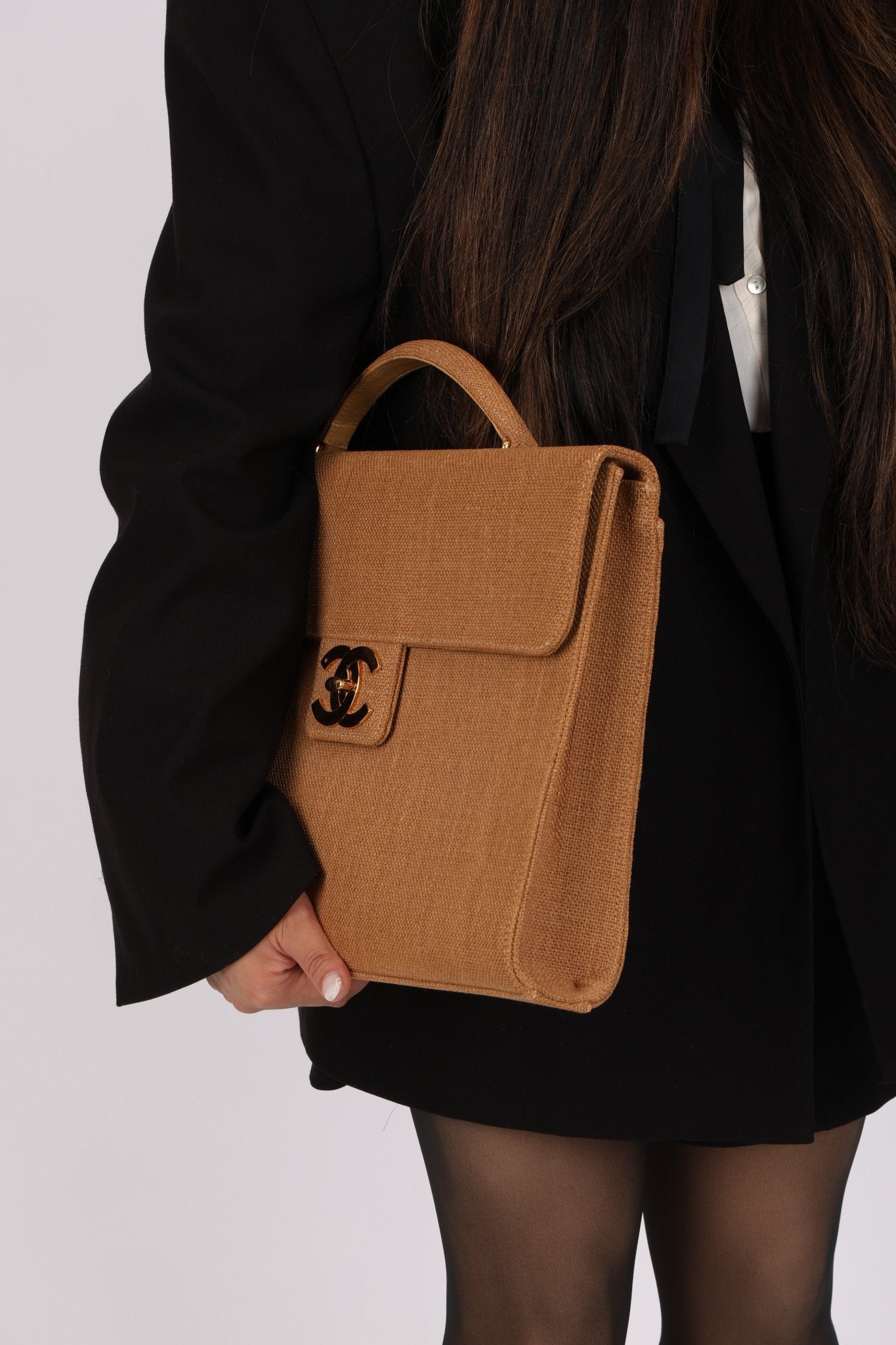 Rare Chanel 1998 Burlap XL Turnlock Briefcase 24k GP - FashioNica