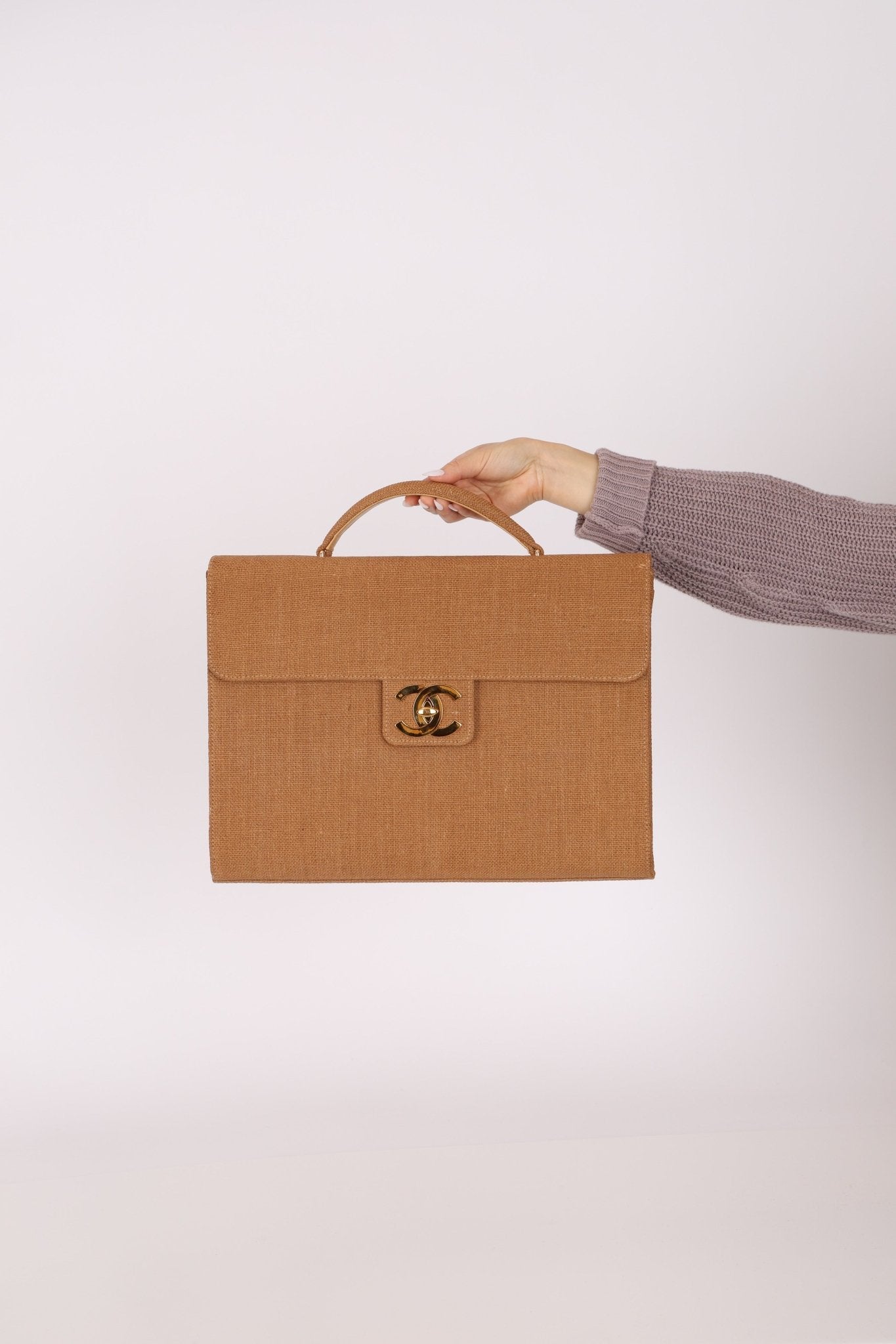 Rare Chanel 1998 Burlap XL Turnlock Briefcase 24k GP - FashioNica