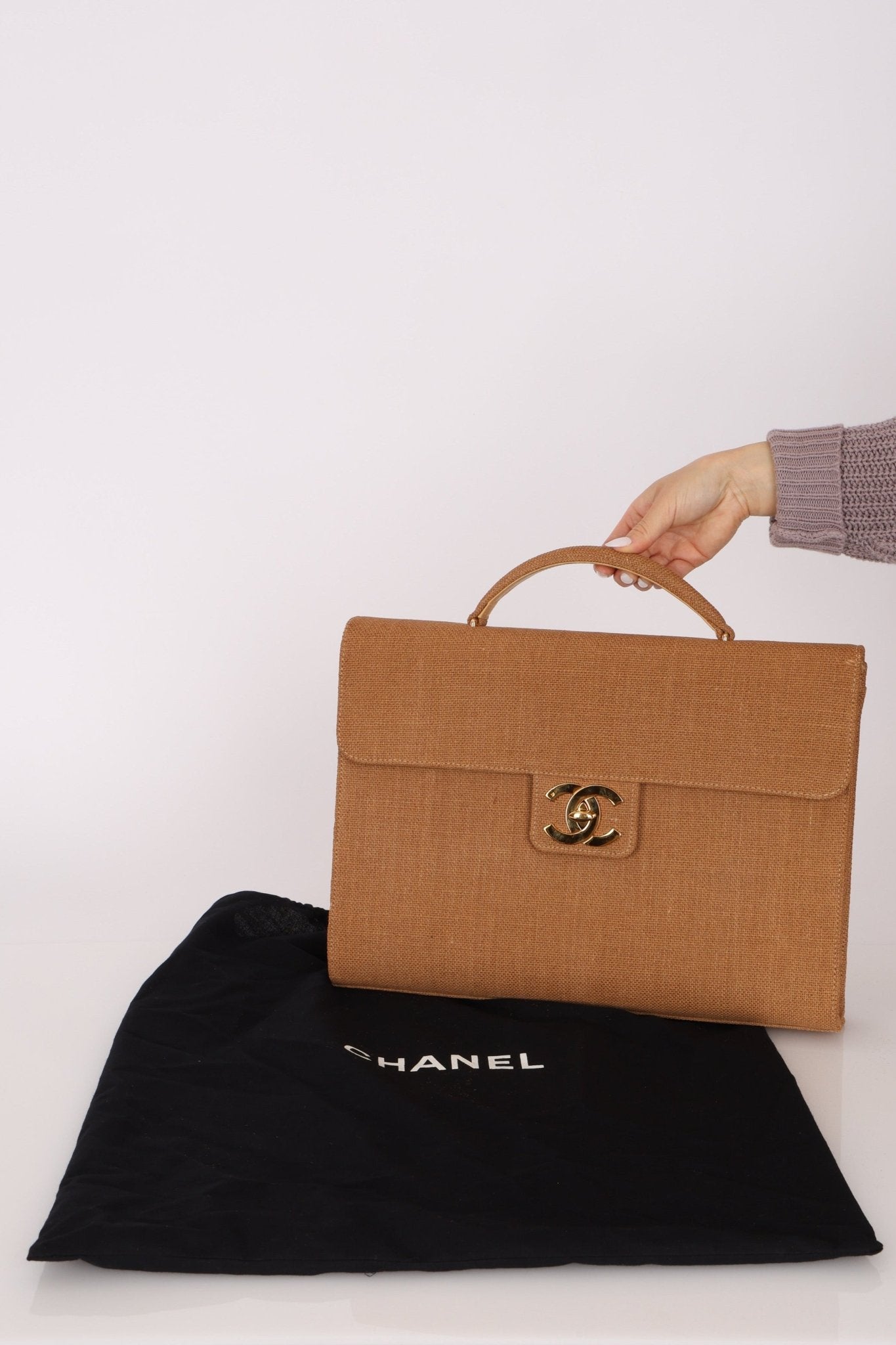 Rare Chanel 1998 Burlap XL Turnlock Briefcase 24k GP - FashioNica