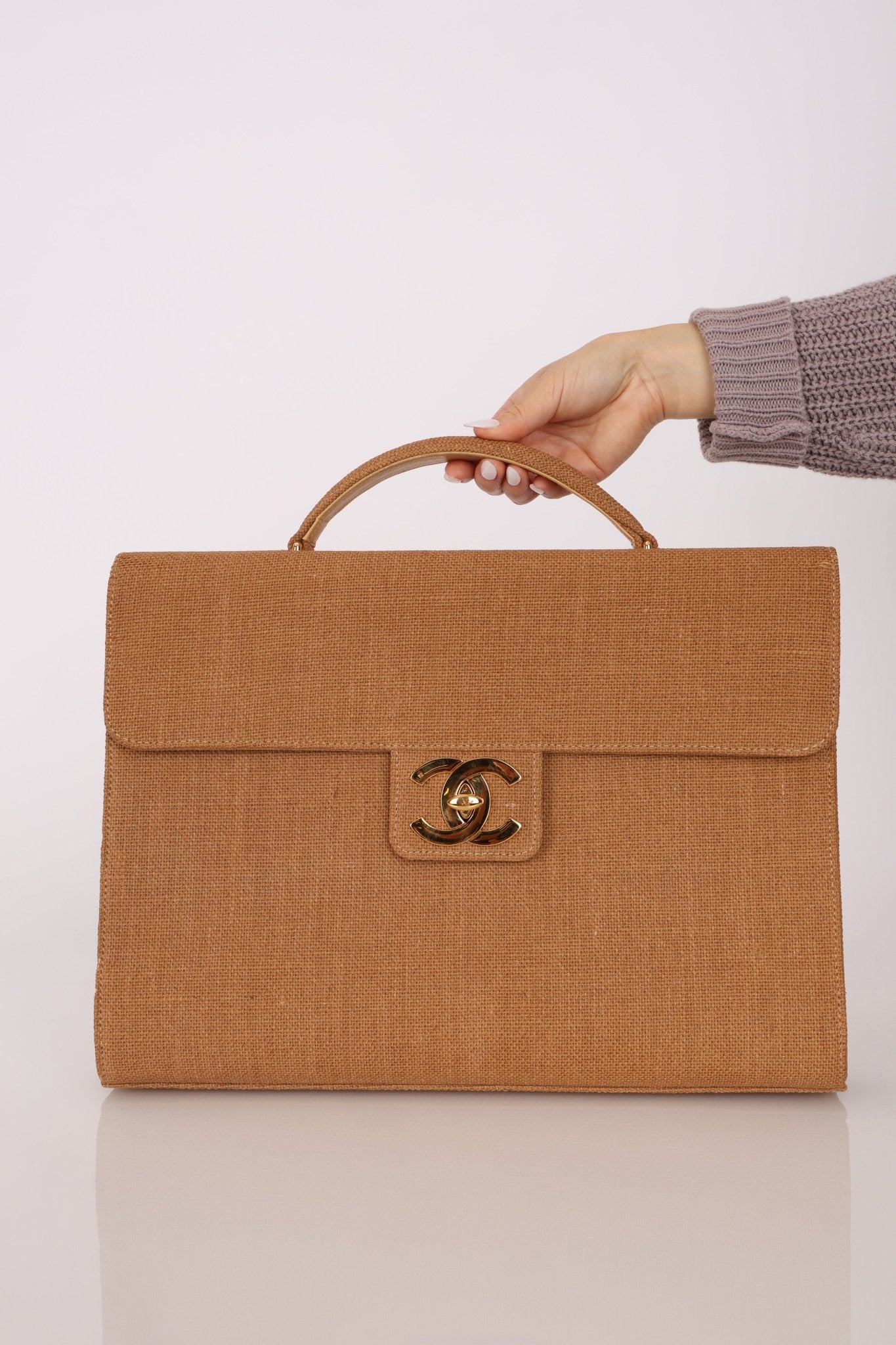 Rare Chanel 1998 Burlap XL Turnlock Briefcase 24k GP - FashioNica
