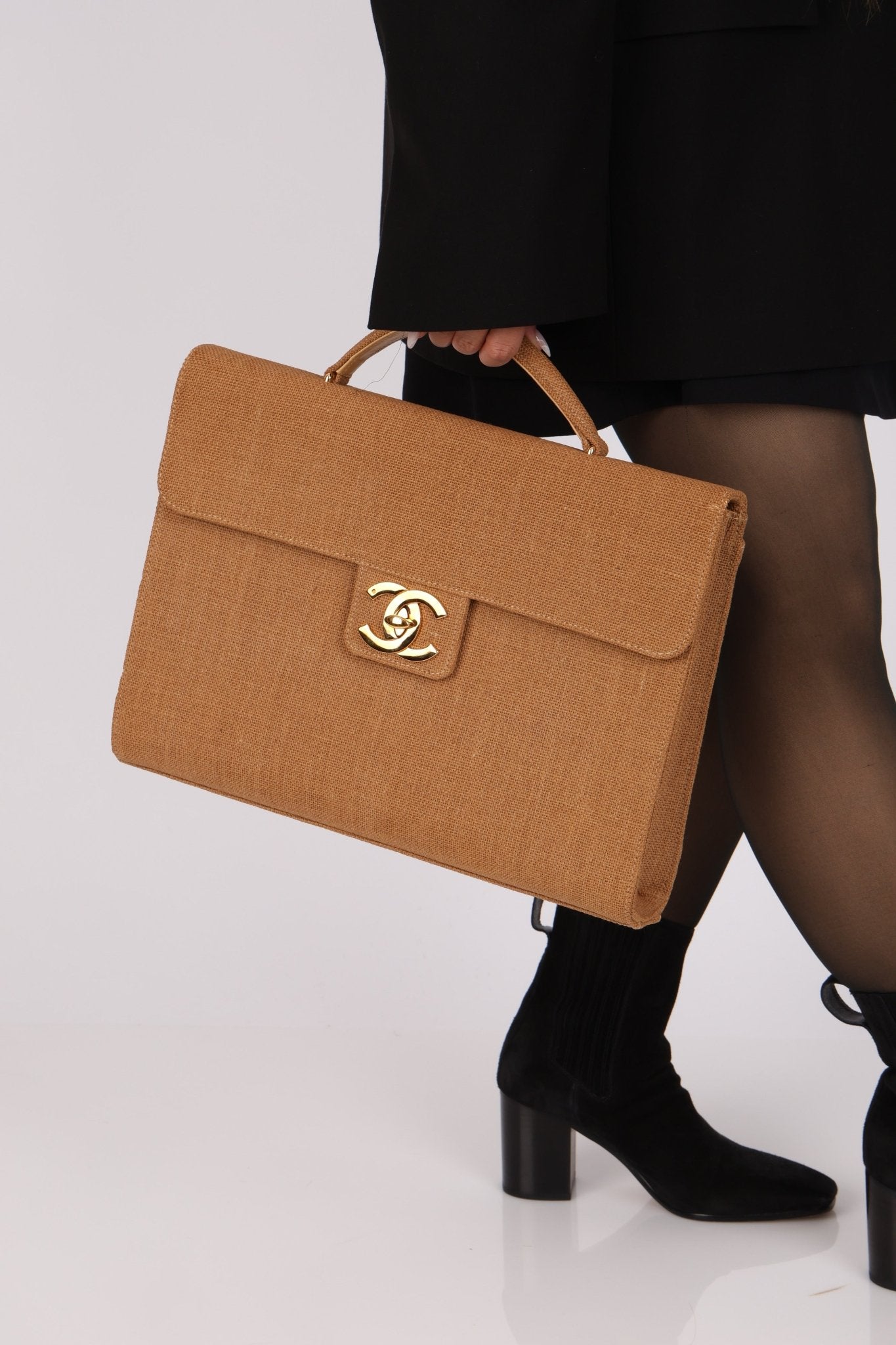 Rare Chanel 1998 Burlap XL Turnlock Briefcase 24k GP - FashioNica