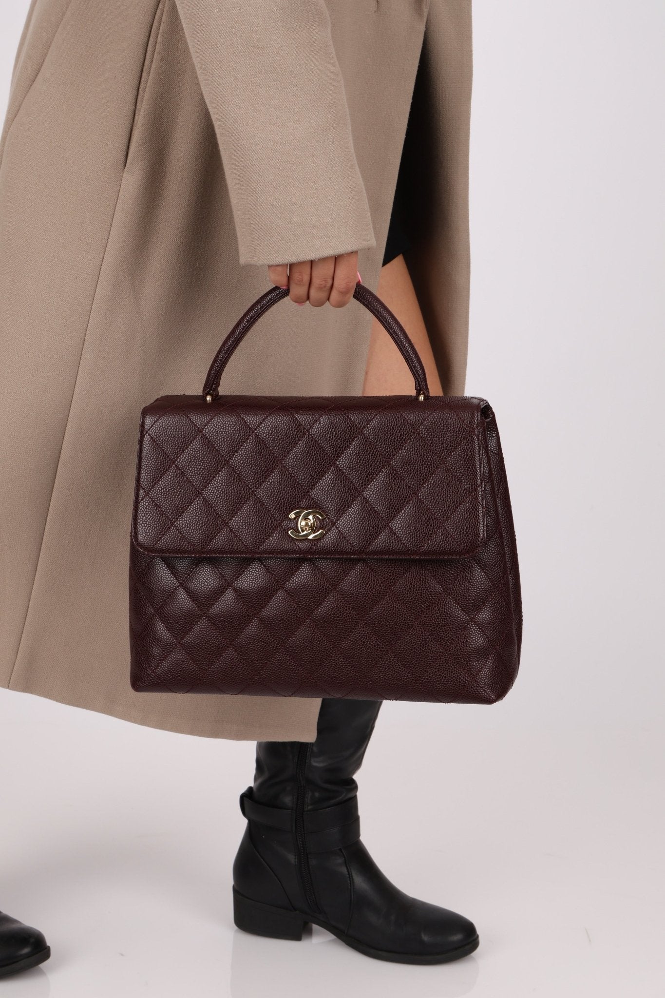 Rare Chanel 2001 Bordeaux Caviar Kelly Top Handle 24K GP - FashioNica