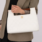 Rare Chanel 2003 White Caviar Wood Top Handle Tote - FashioNica