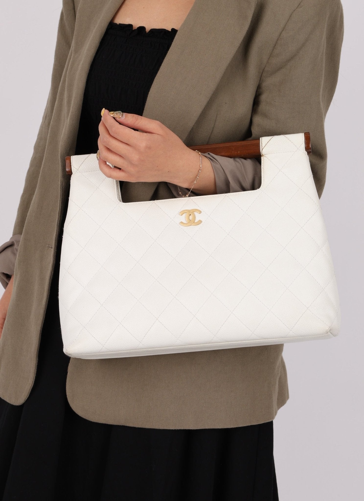 Rare Chanel 2003 White Caviar Wood Top Handle Tote - FashioNica