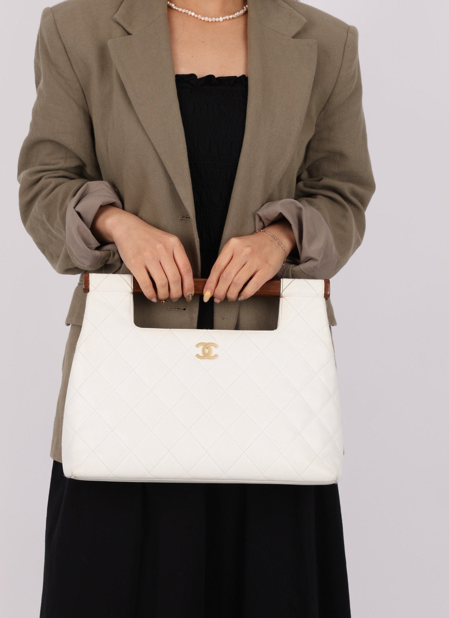 Rare Chanel 2003 White Caviar Wood Top Handle Tote - FashioNica