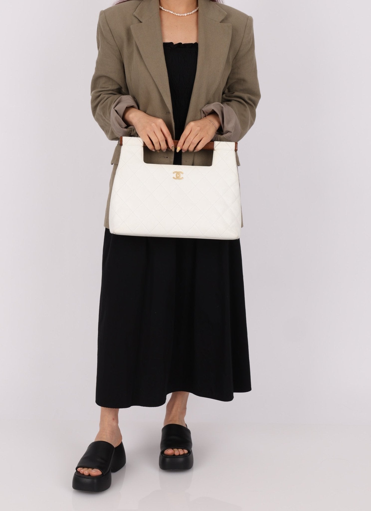 Rare Chanel 2003 White Caviar Wood Top Handle Tote - FashioNica