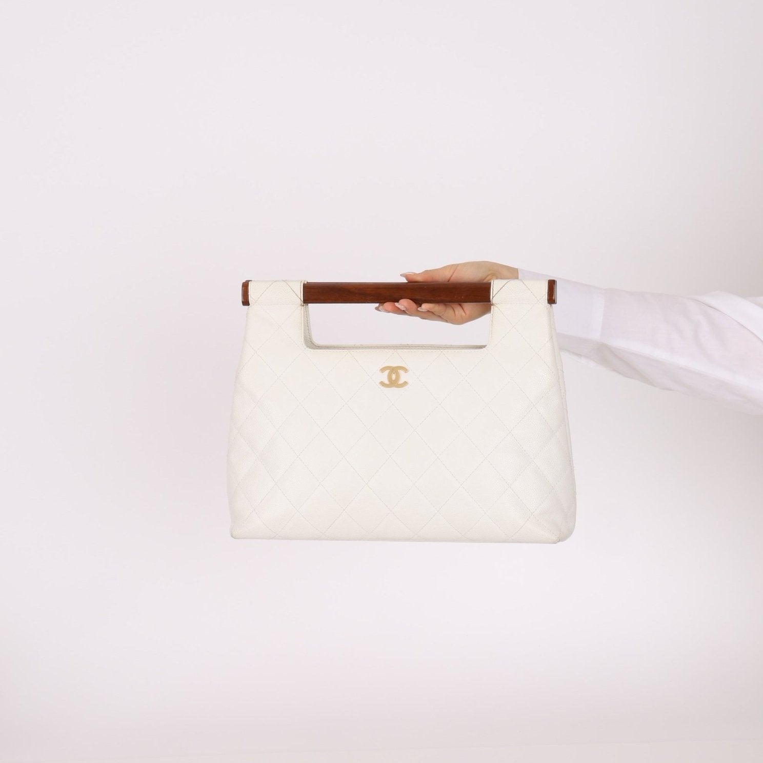 Rare Chanel 2003 White Caviar Wood Top Handle Tote - FashioNica
