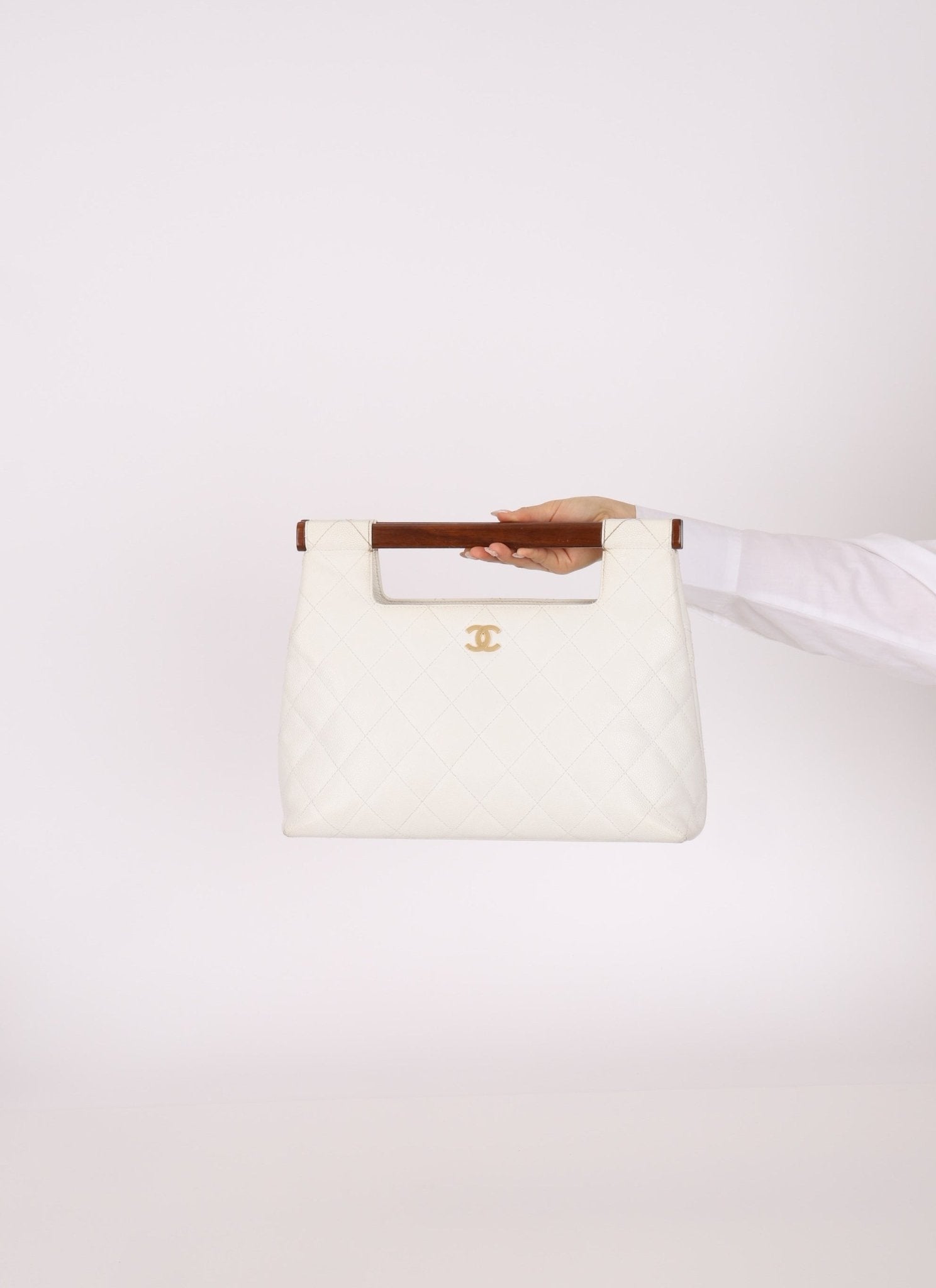 Rare Chanel 2003 White Caviar Wood Top Handle Tote - FashioNica