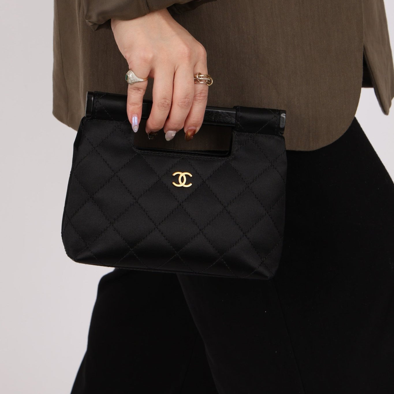 Rare Chanel 2004 Wood Handle Black Satin Mini Tote - FashioNica