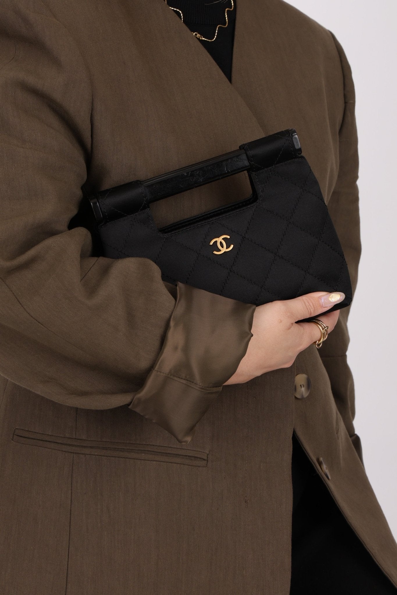 Rare Chanel 2004 Wood Handle Black Satin Mini Tote - FashioNica