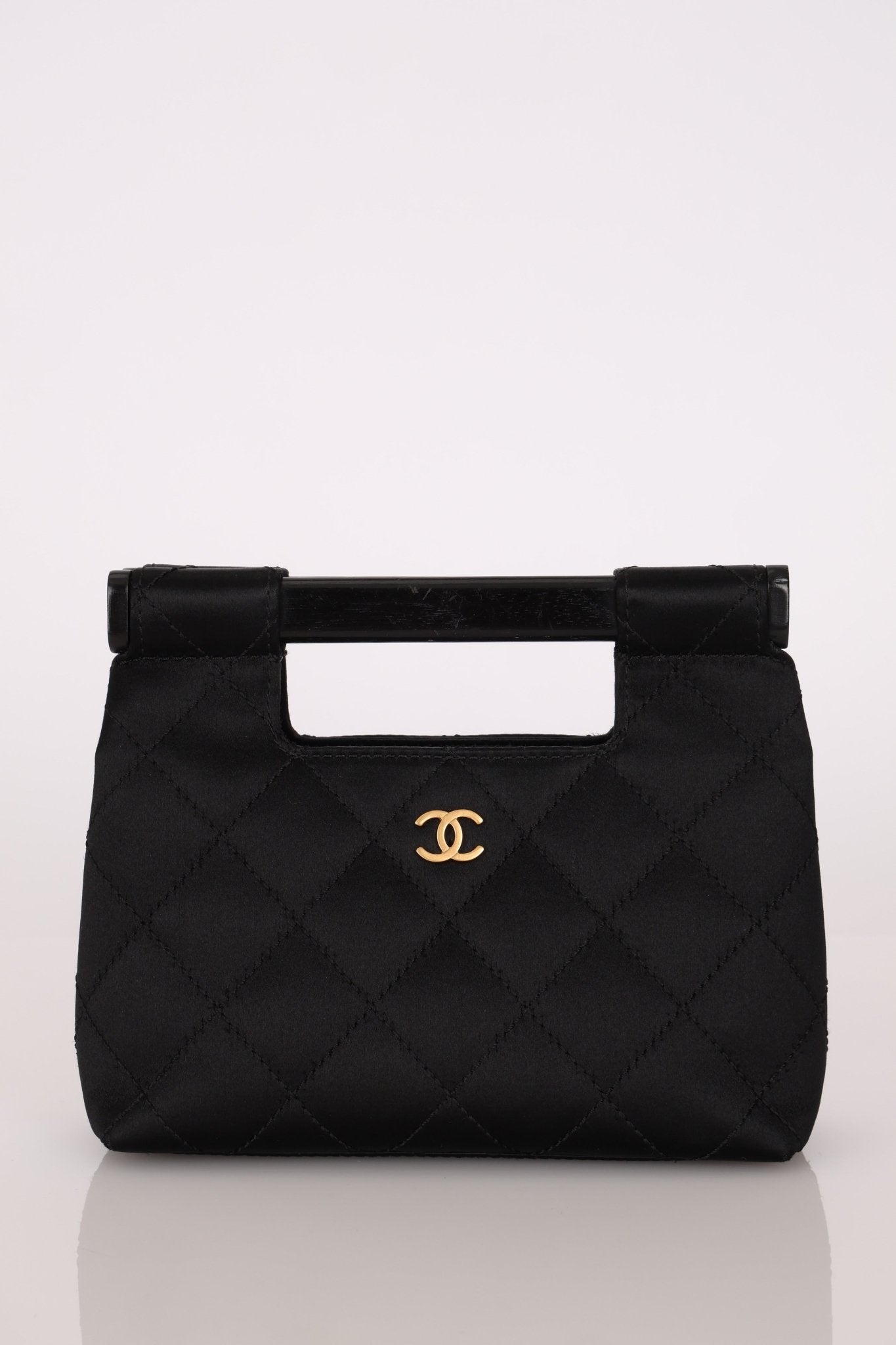 Rare Chanel 2004 Wood Handle Black Satin Mini Tote - FashioNica