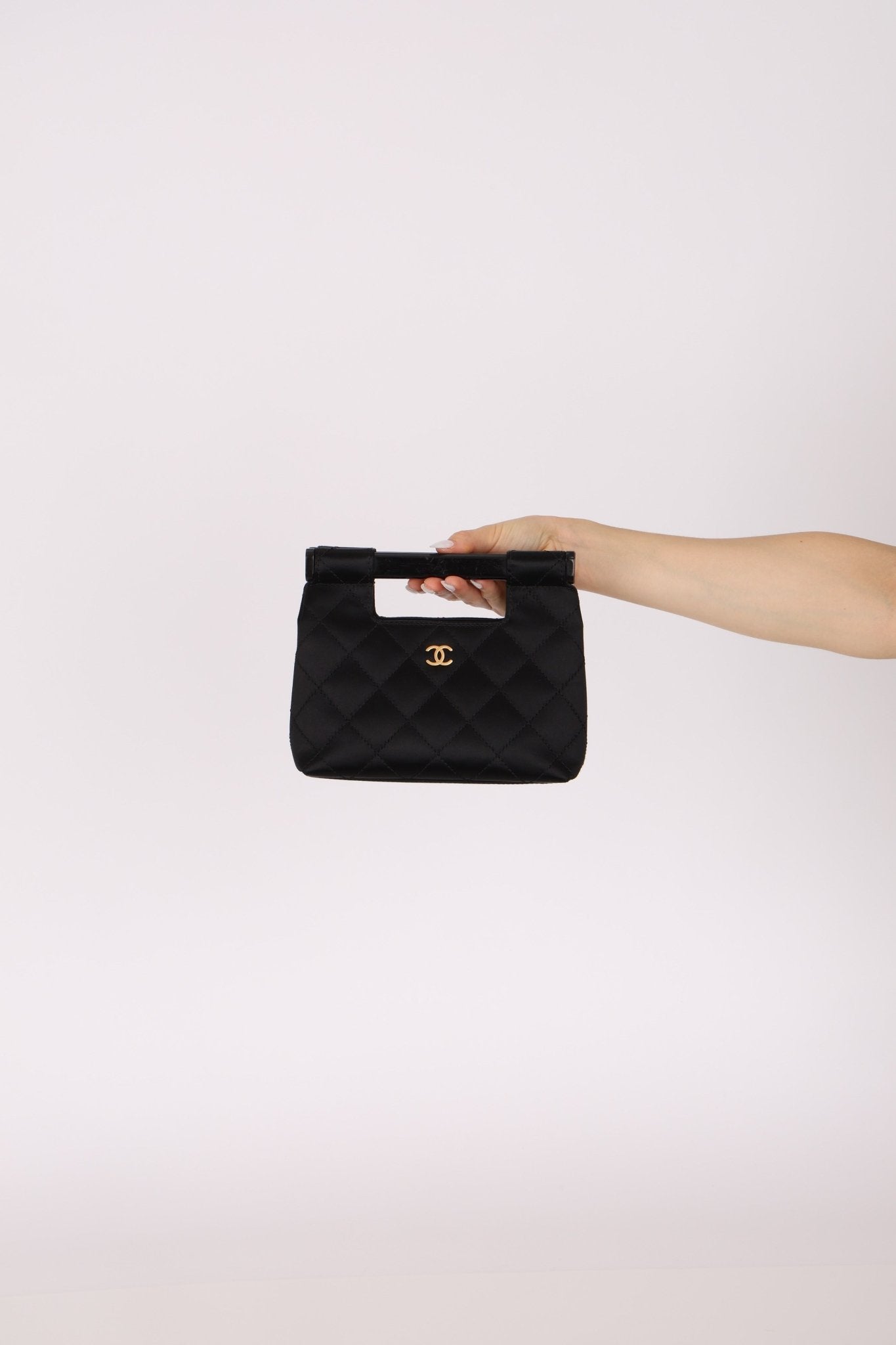 Rare Chanel 2004 Wood Handle Black Satin Mini Tote - FashioNica